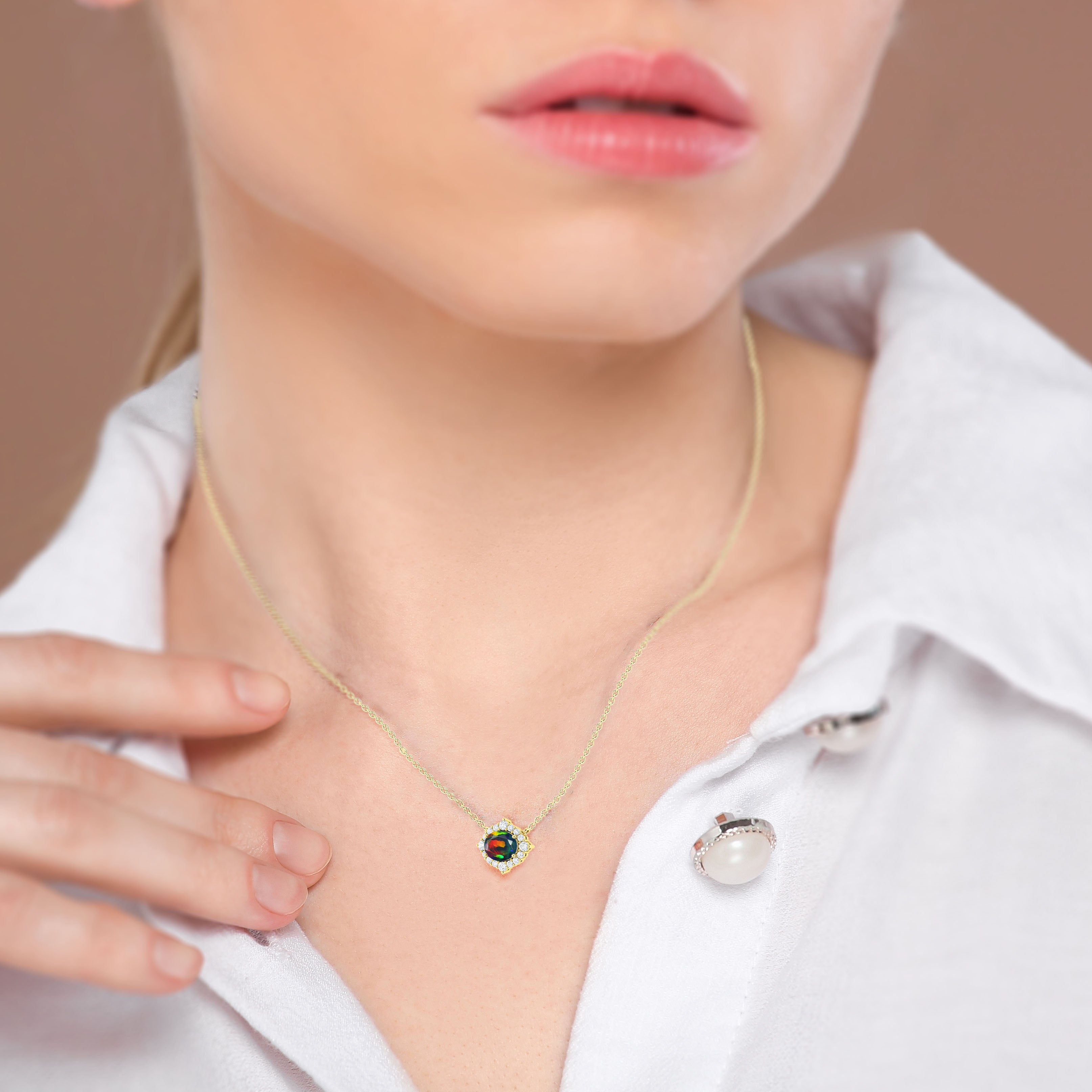 Oval Shape Natural Black Opal with Zircon Halo Pendant Chain Necklace