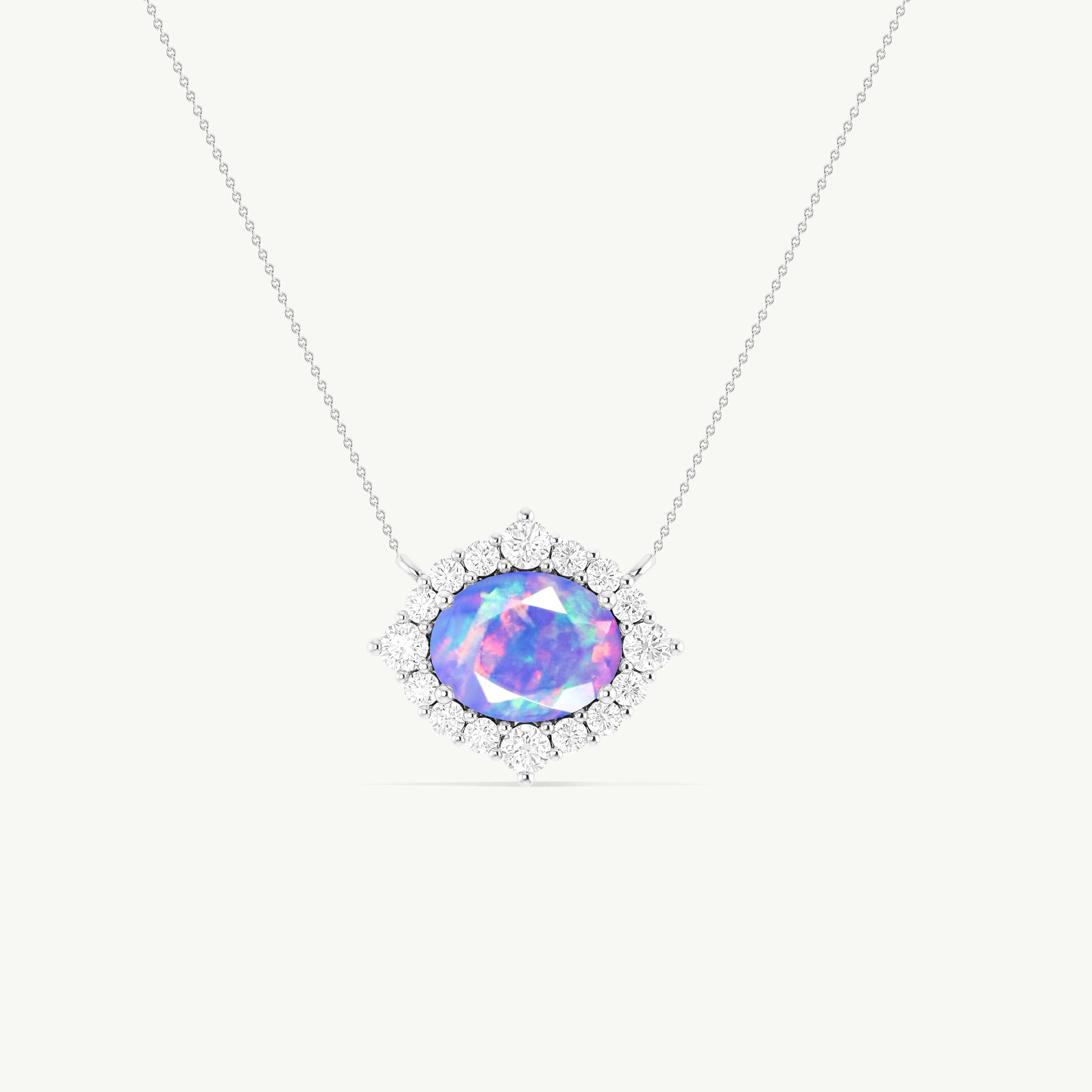 Oval Shape Natural Lavender Opal with Zircon Halo Pendant Chain Necklace