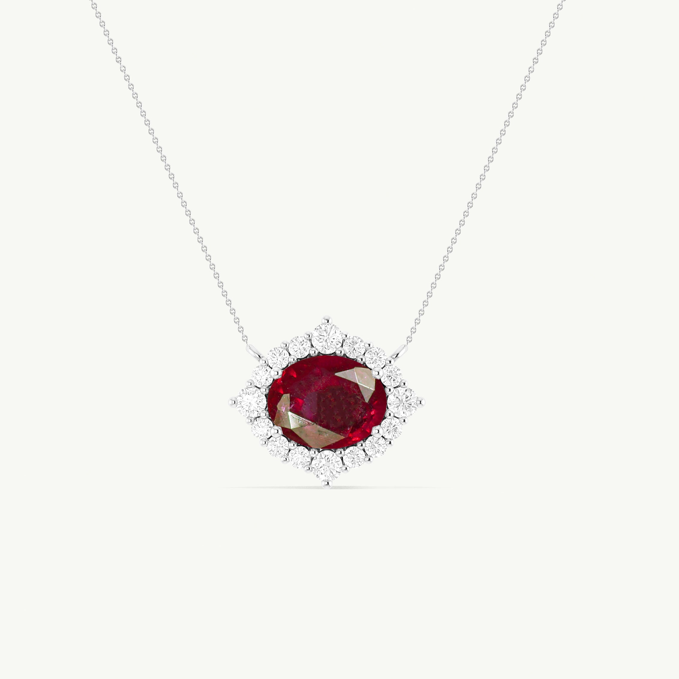Oval Shape Natural Ruby with Zircon Halo Pendant Chain Necklace