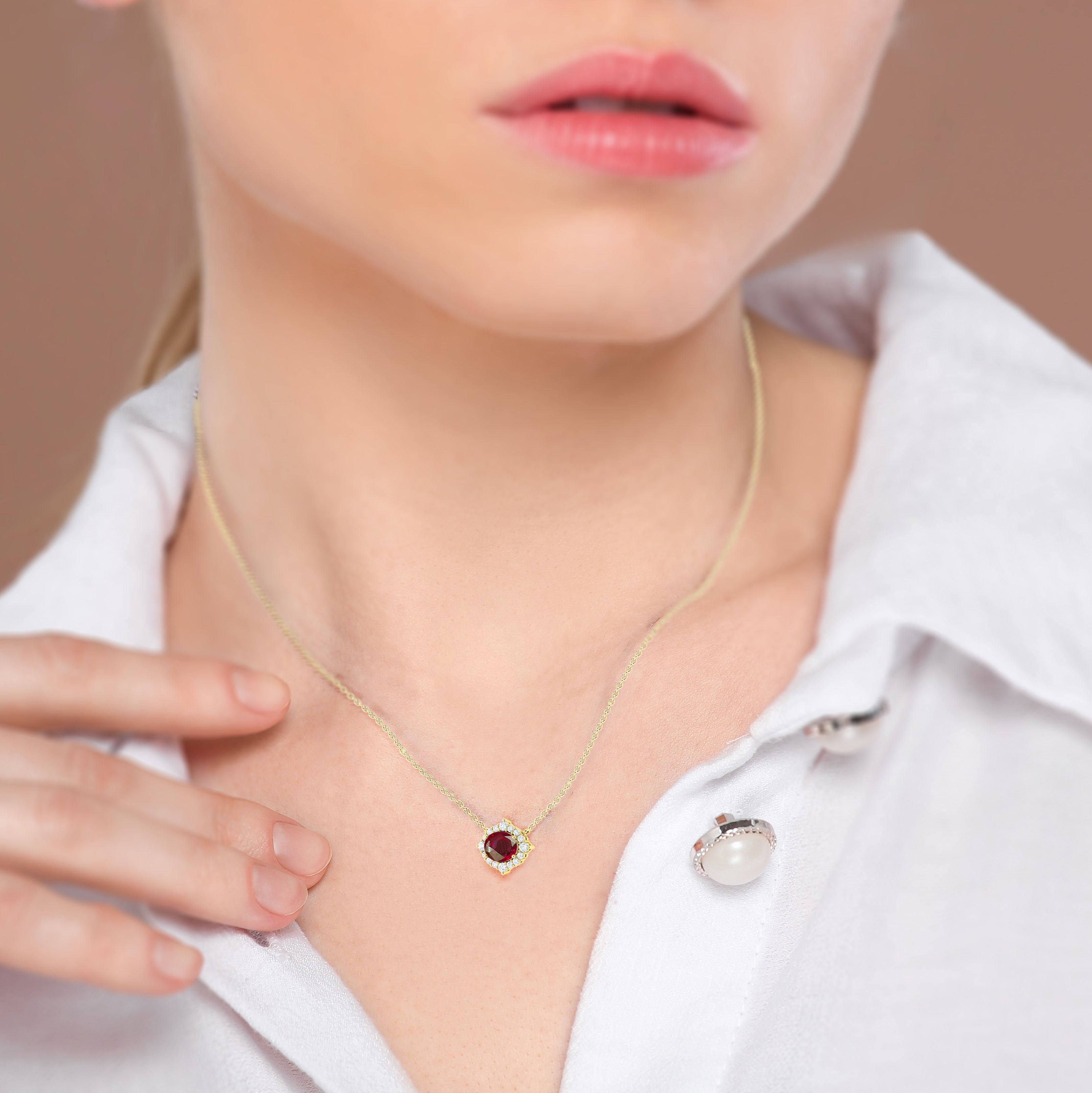 Oval Shape Natural Ruby with Zircon Halo Pendant Chain Necklace