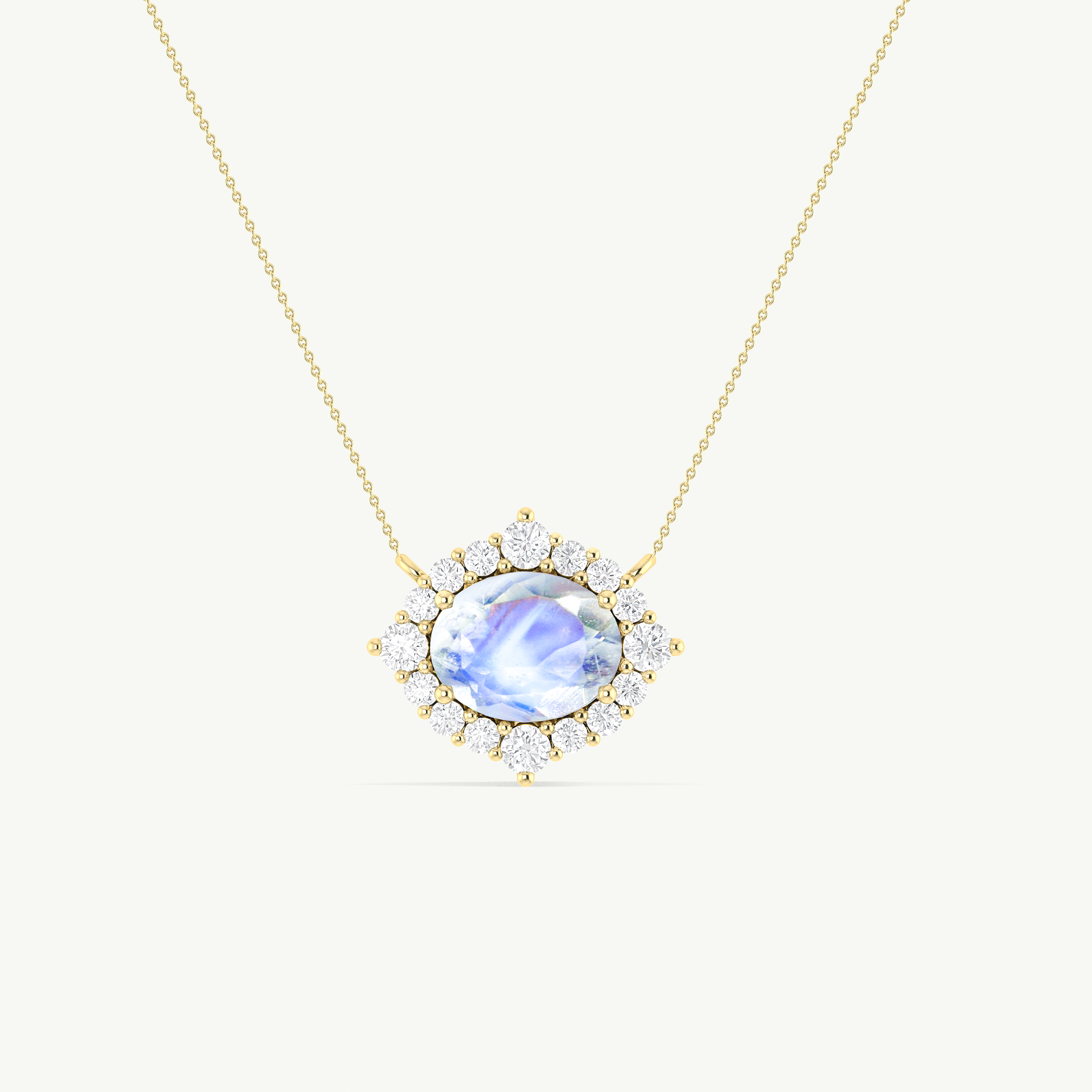 Oval Shape Natural Moonstone with Zircon Halo Pendant Chain Necklace