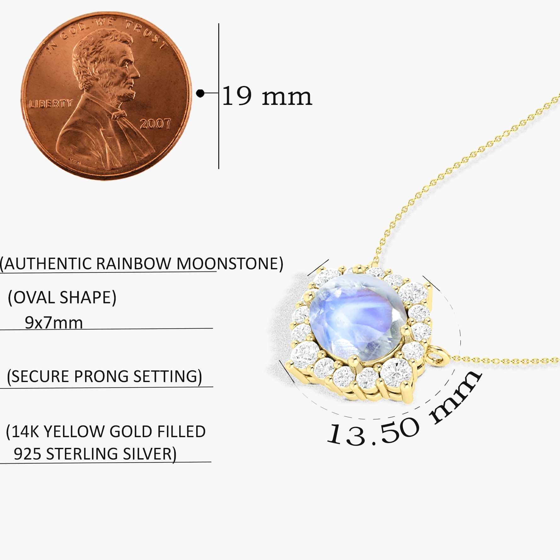 Oval Shape Natural Moonstone with Zircon Halo Pendant Chain Necklace