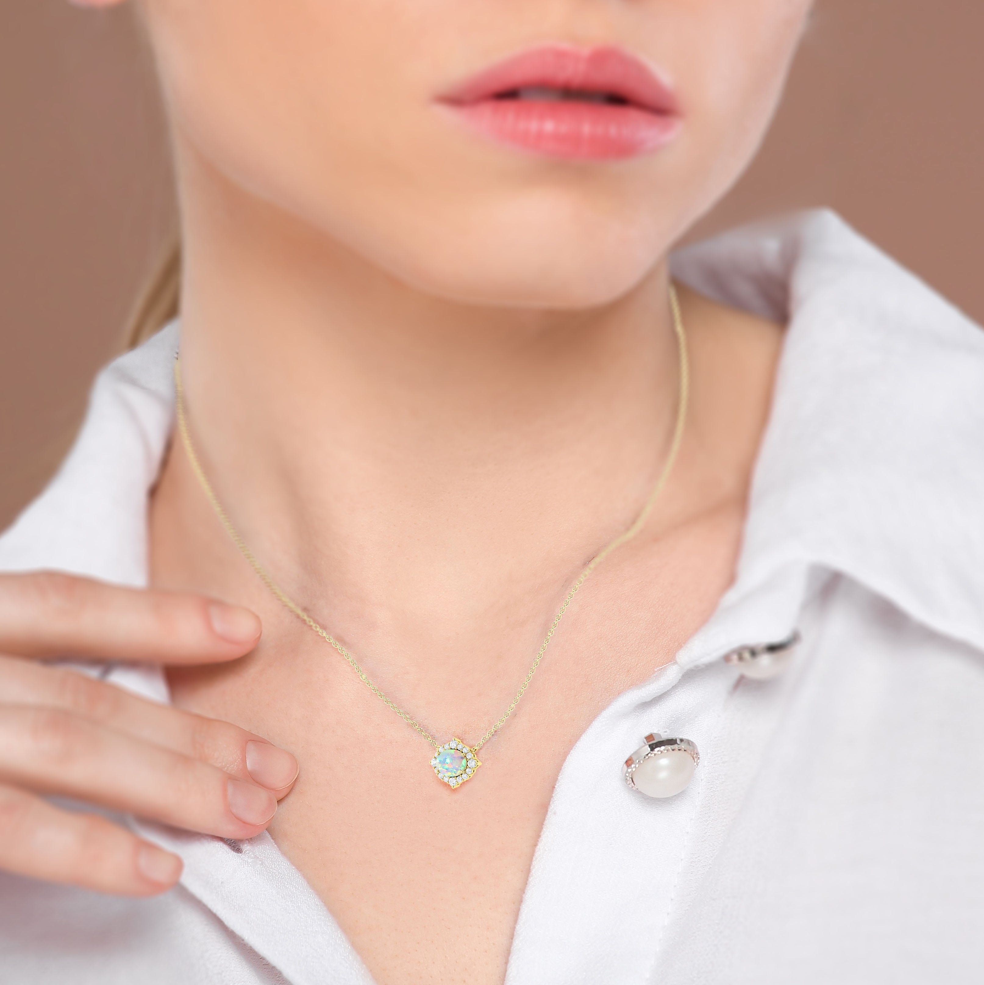 Oval Shape Natural White Opal with Zircon Halo Pendant Chain Necklace