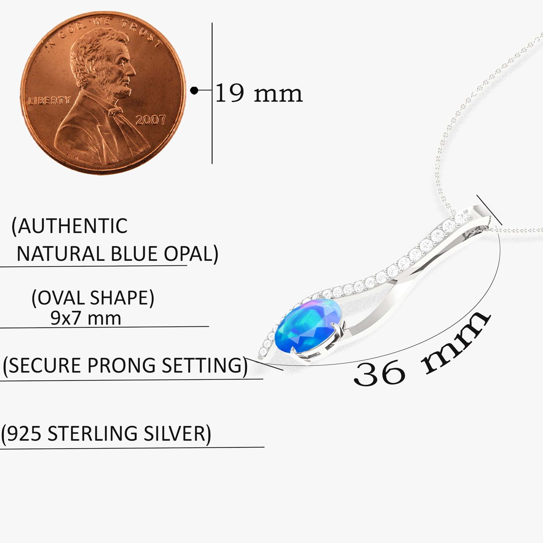 Blue Opal Oval Swirl Pendant Necklace in 925 Sterling Silver 1.2ct