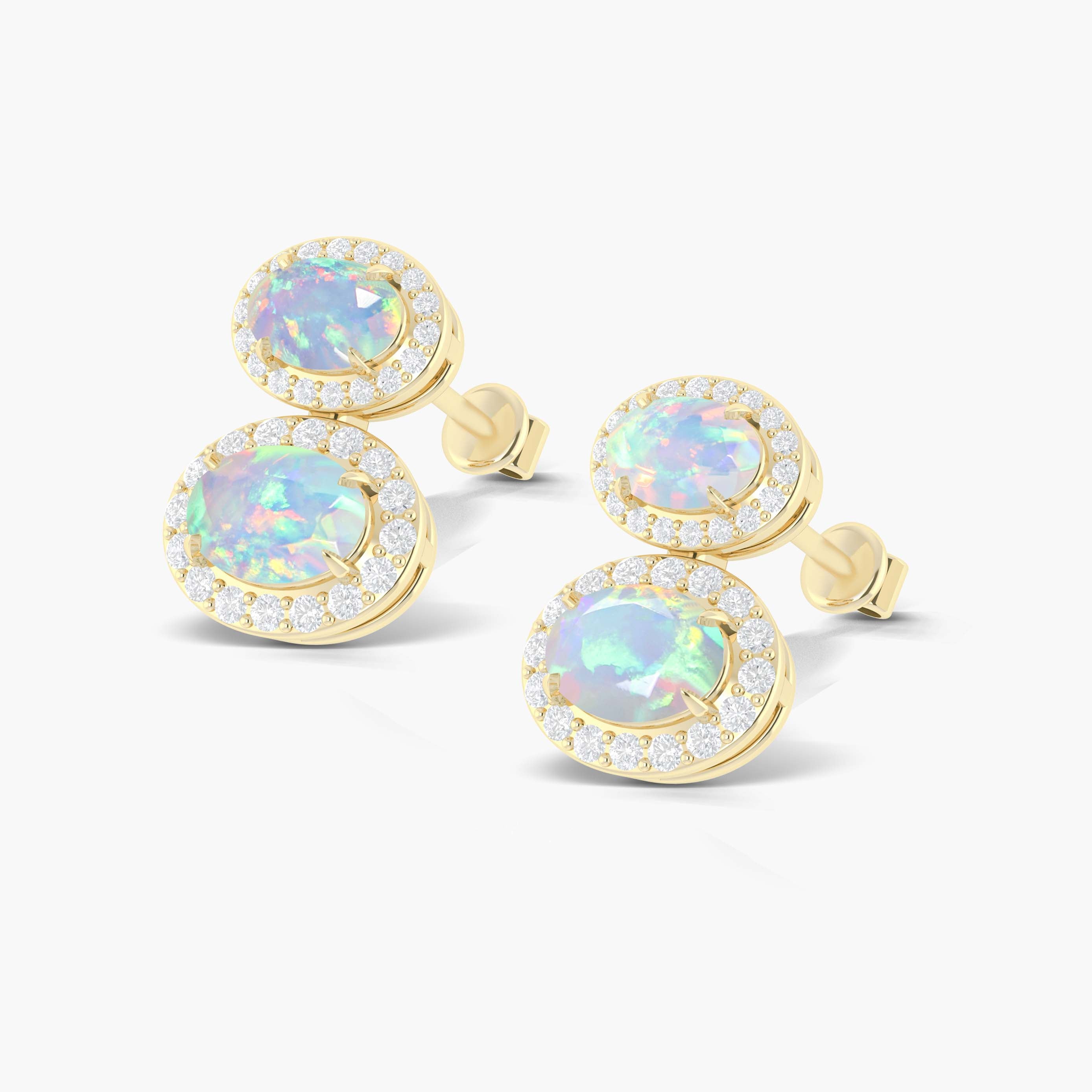 Natural White Opal Dual Stone Halo Stud Earrings
