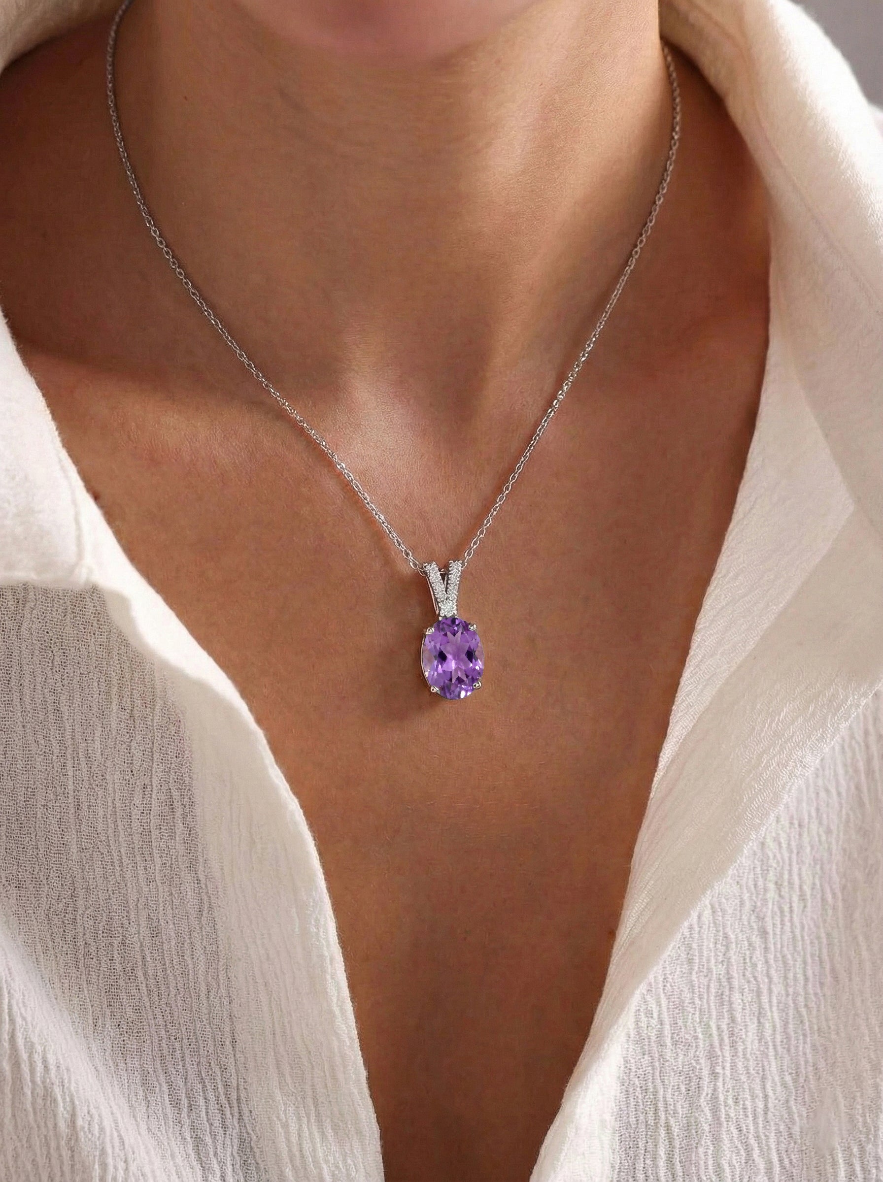 Natural Amethyst Solitaire Pendant Necklace in 925 Sterling Silver 1.2ct
