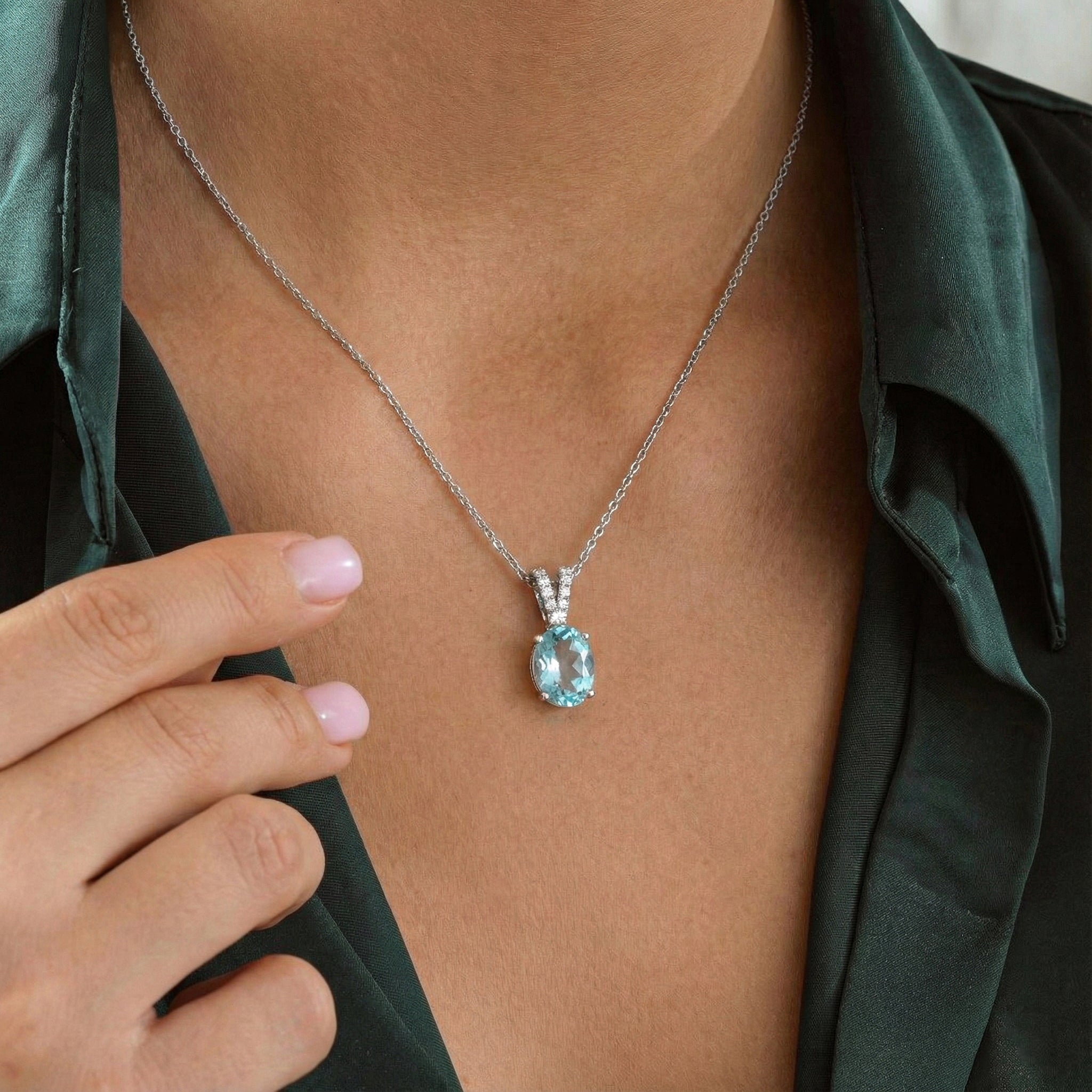 Aquamarine Solitaire Pendant Necklace in 925 Sterling Silver 1.2ct