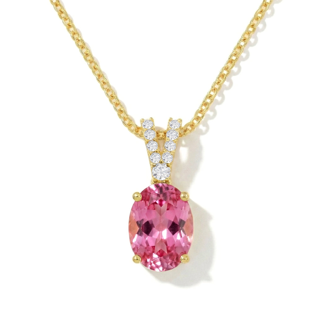 Pink Tourmaline Solitaire Pendant Necklace in Yellow Gold Plated 1.2ct