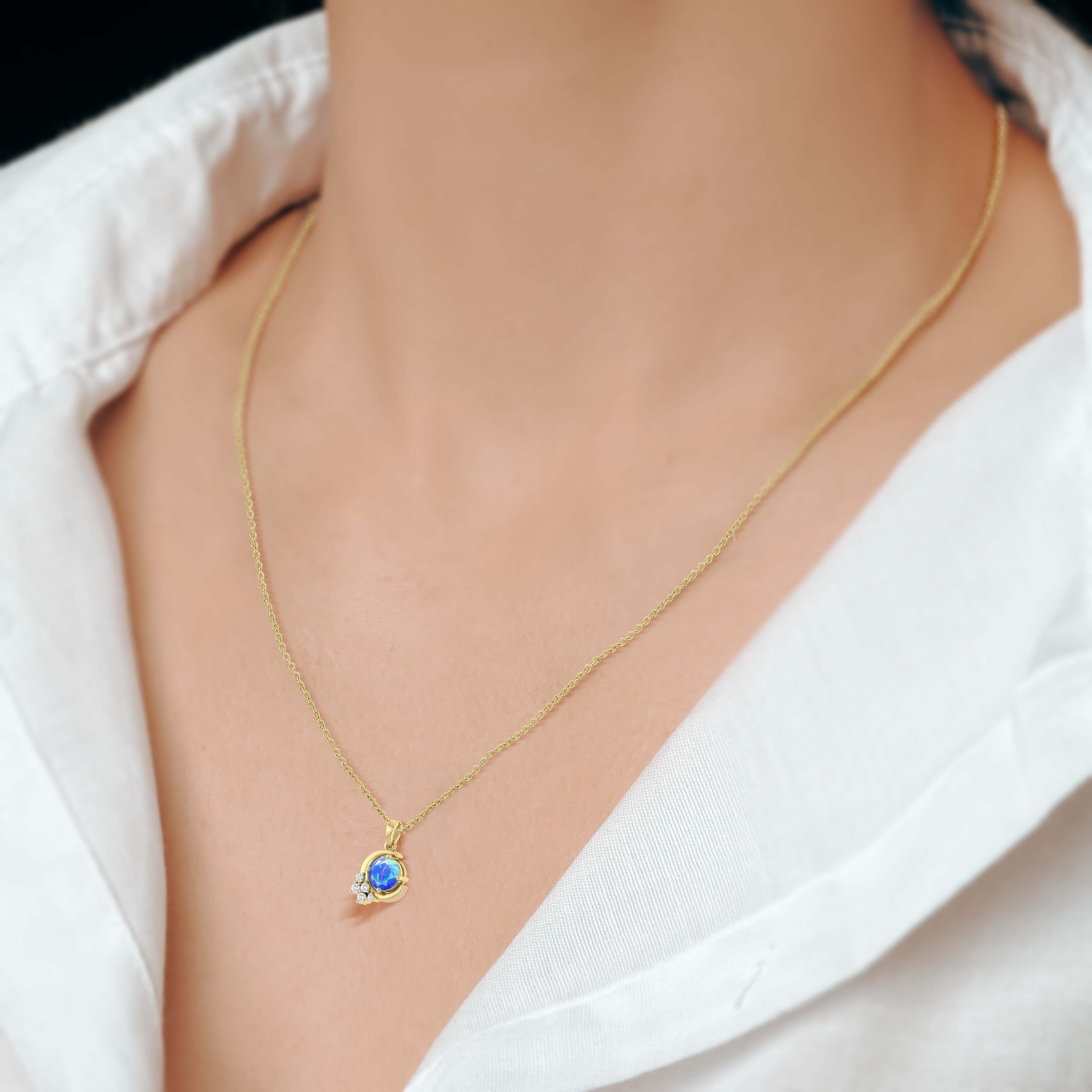 Natural Blue Opal Moon Charm Pendant Necklace