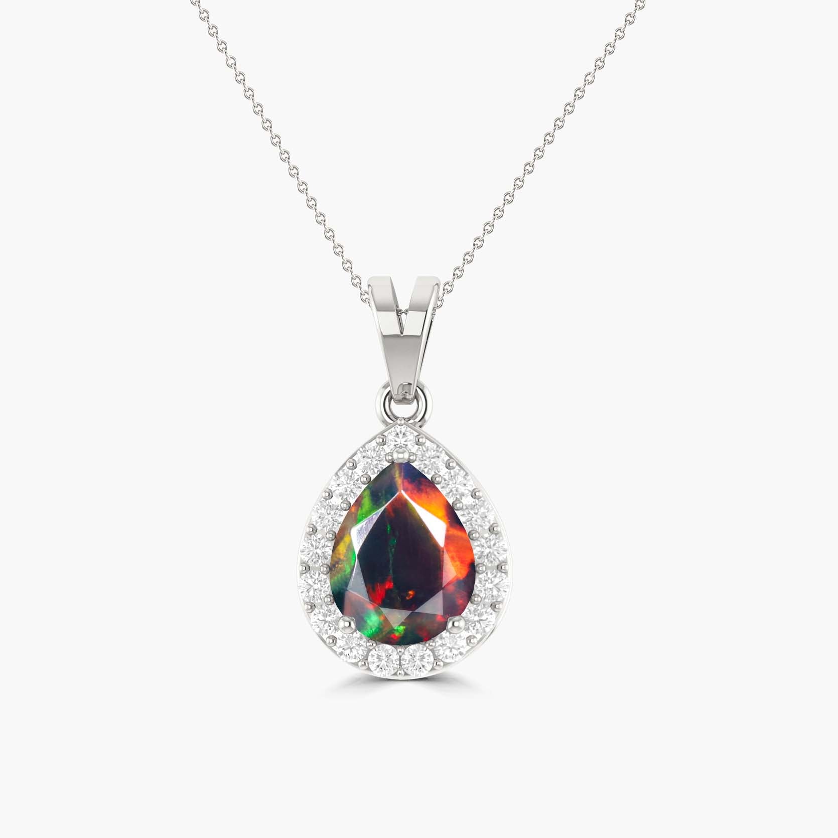 Halo Pendant Chain Necklace with Natural Black Opal and White Zircon