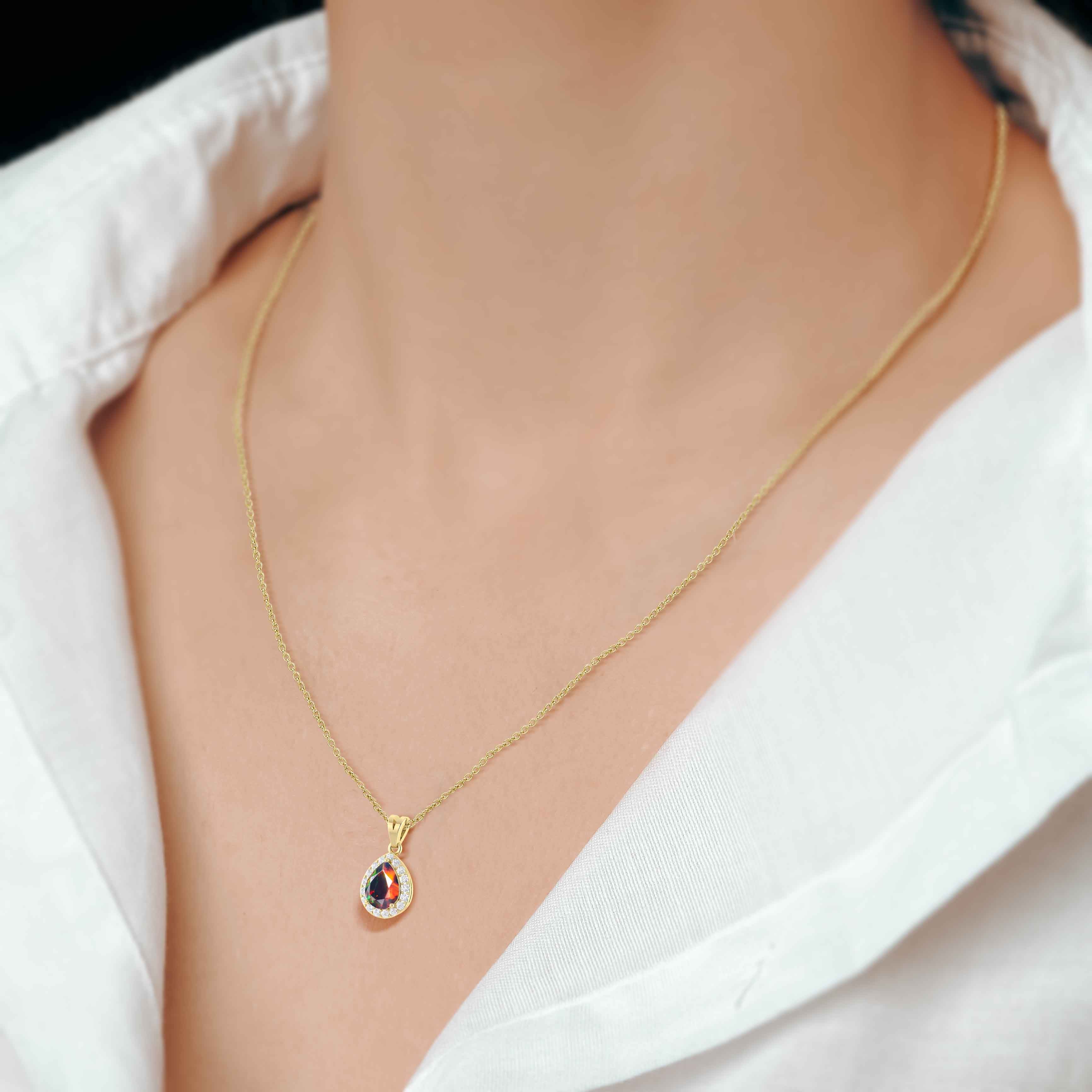 Halo Pendant Chain Necklace with Natural Black Opal and White Zircon