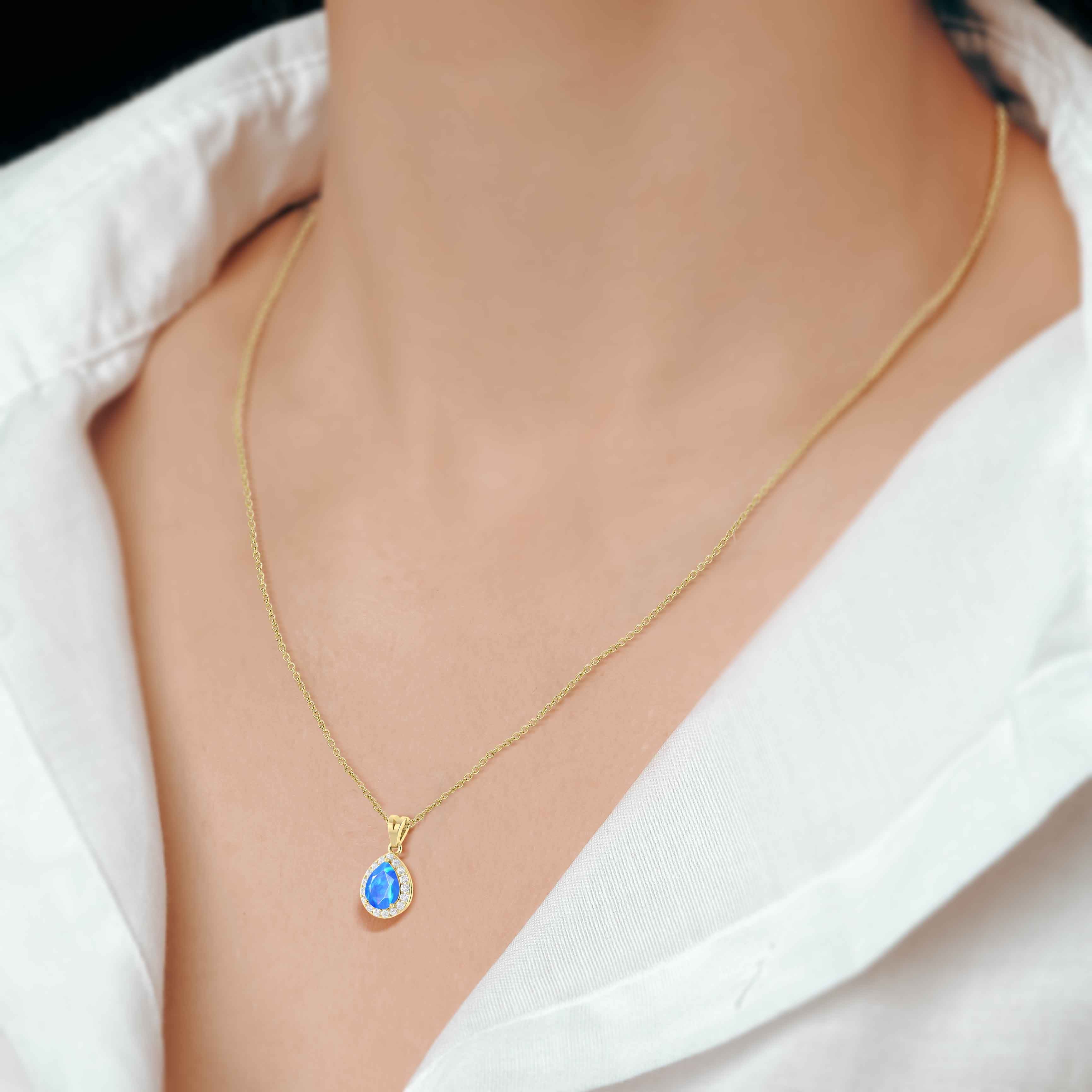 Halo Pendant Chain Necklace with Natural Blue Opal and White Zircon