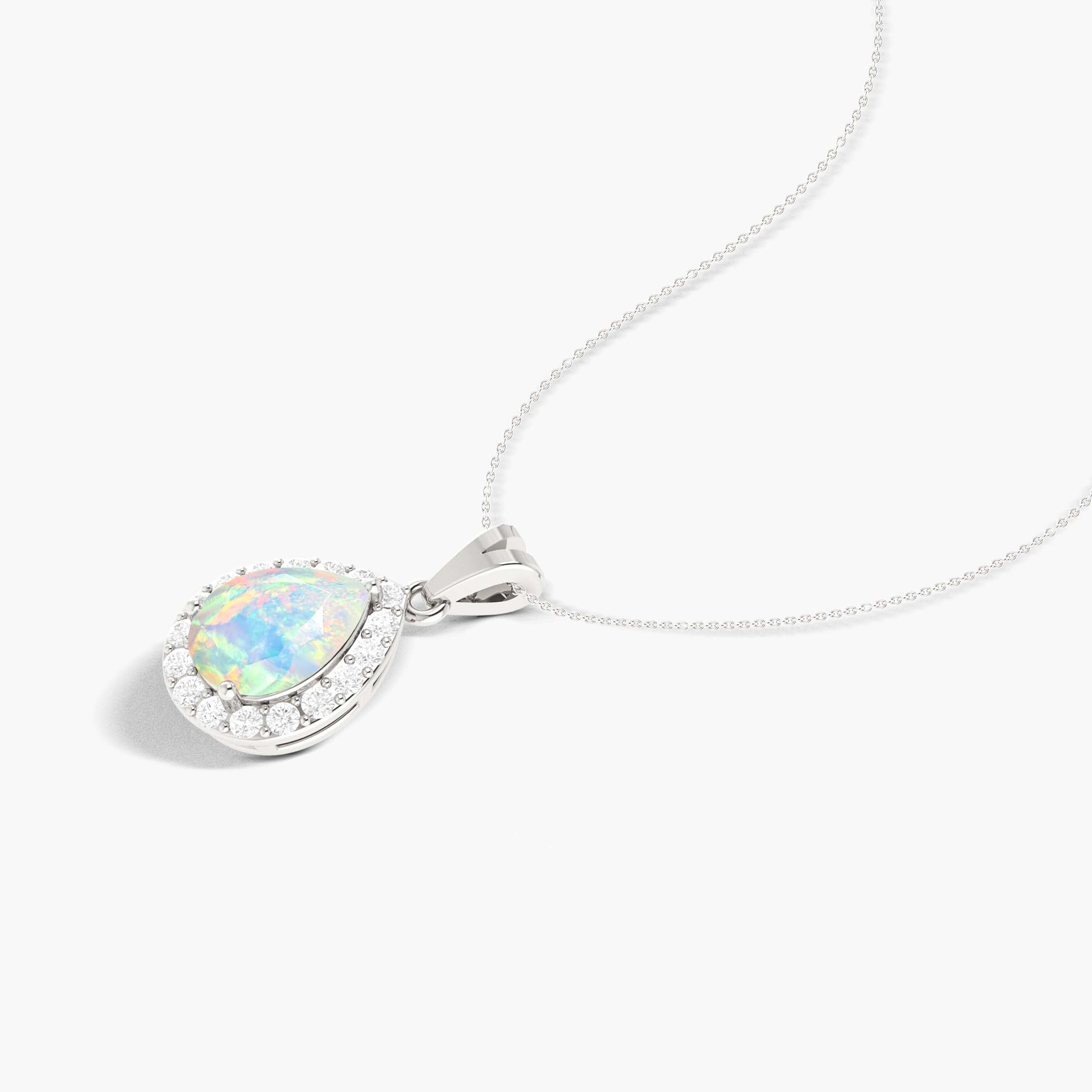 Halo Pendant Chain Necklace with Natural White Opal and Zircon