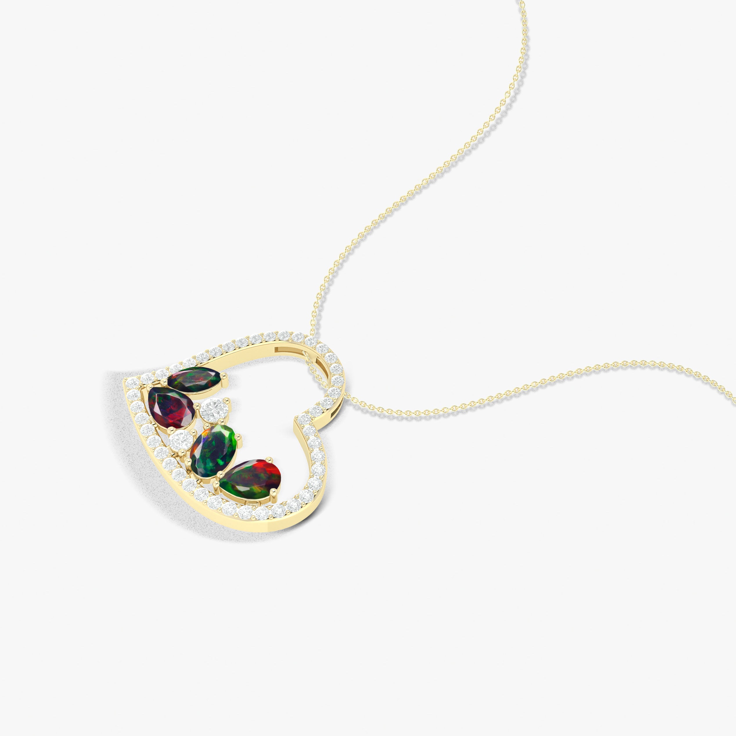 Natural Black Opal 4 Stone Heart Chain Pendant Necklace