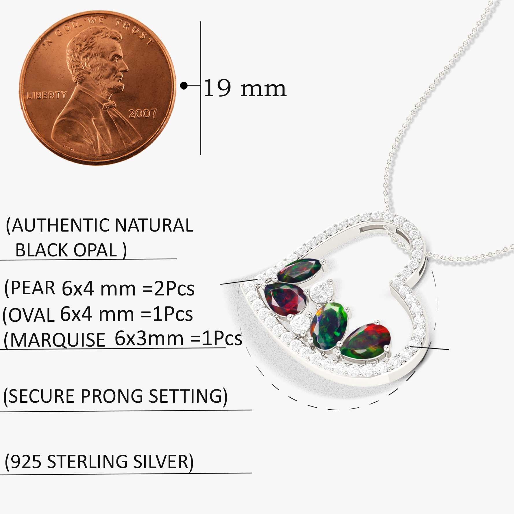 Natural Black Opal 4 Stone Heart Chain Pendant Necklace