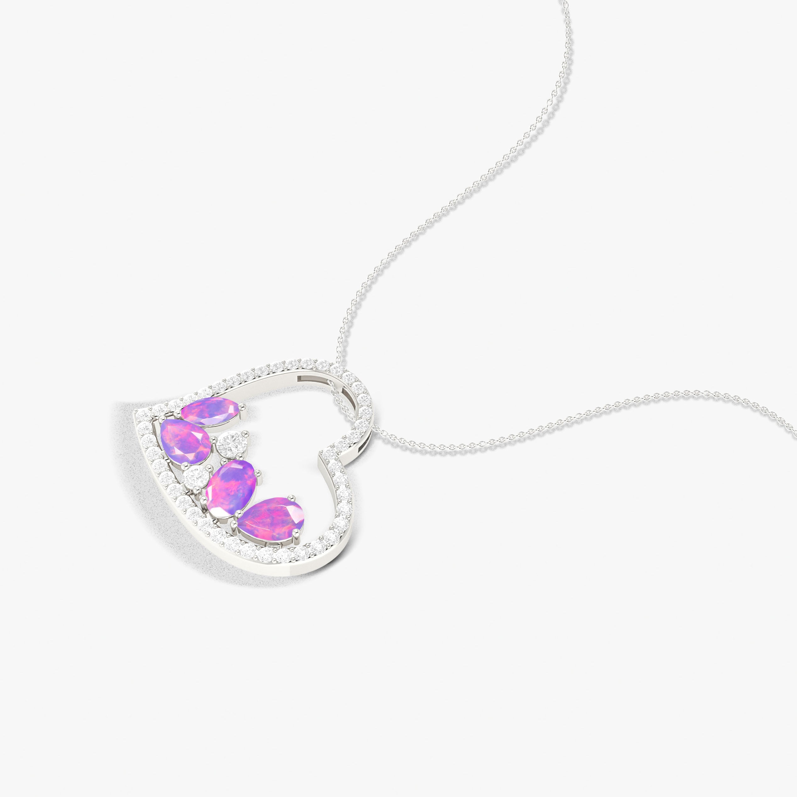 Natural Lavender Opal 4 Stone Heart Chain Pendant Necklace