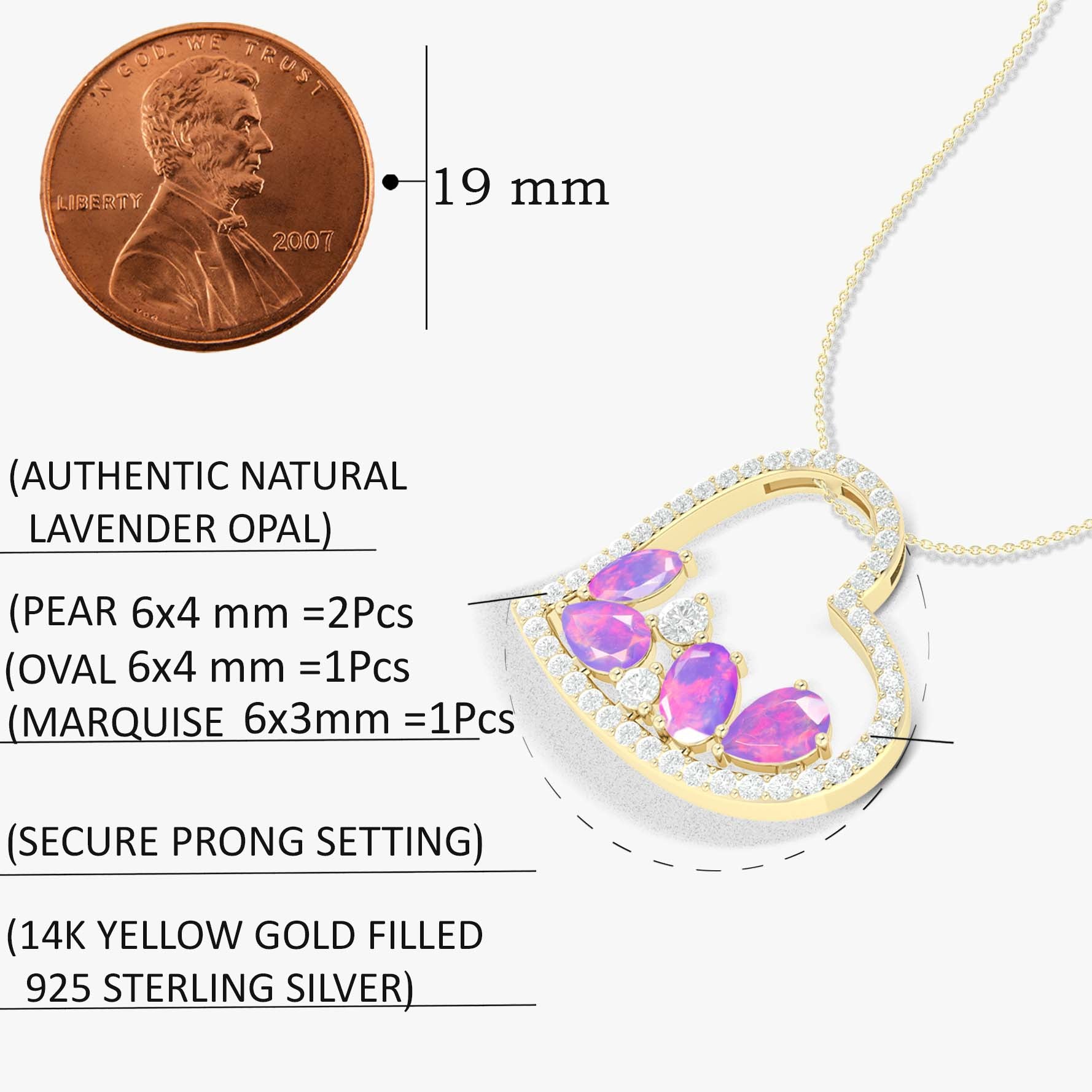 Natural Lavender Opal 4 Stone Heart Chain Pendant Necklace