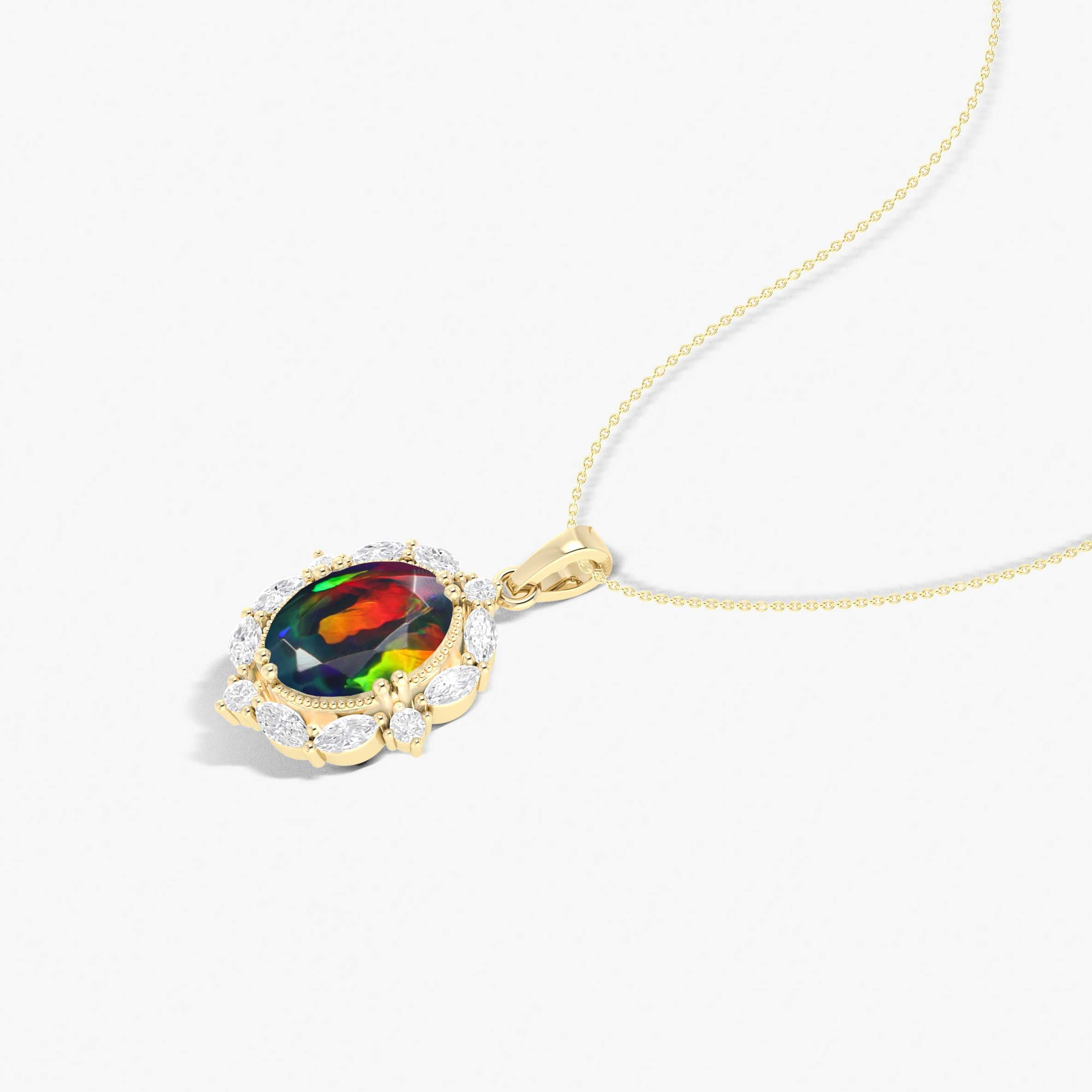 Halo Pendant Chain Necklace with Natural Black Opal Gemstone