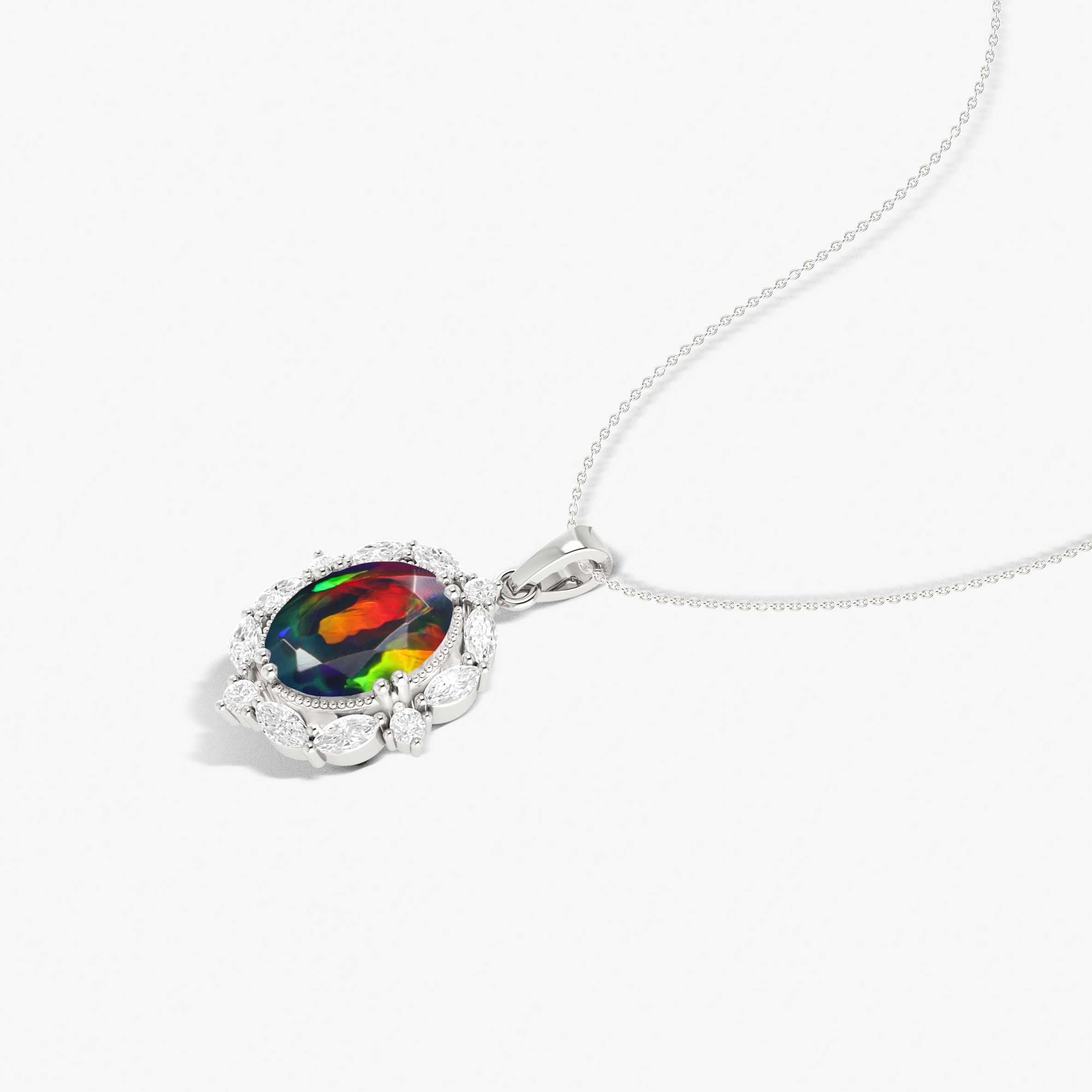 Halo Pendant Chain Necklace with Natural Black Opal Gemstone