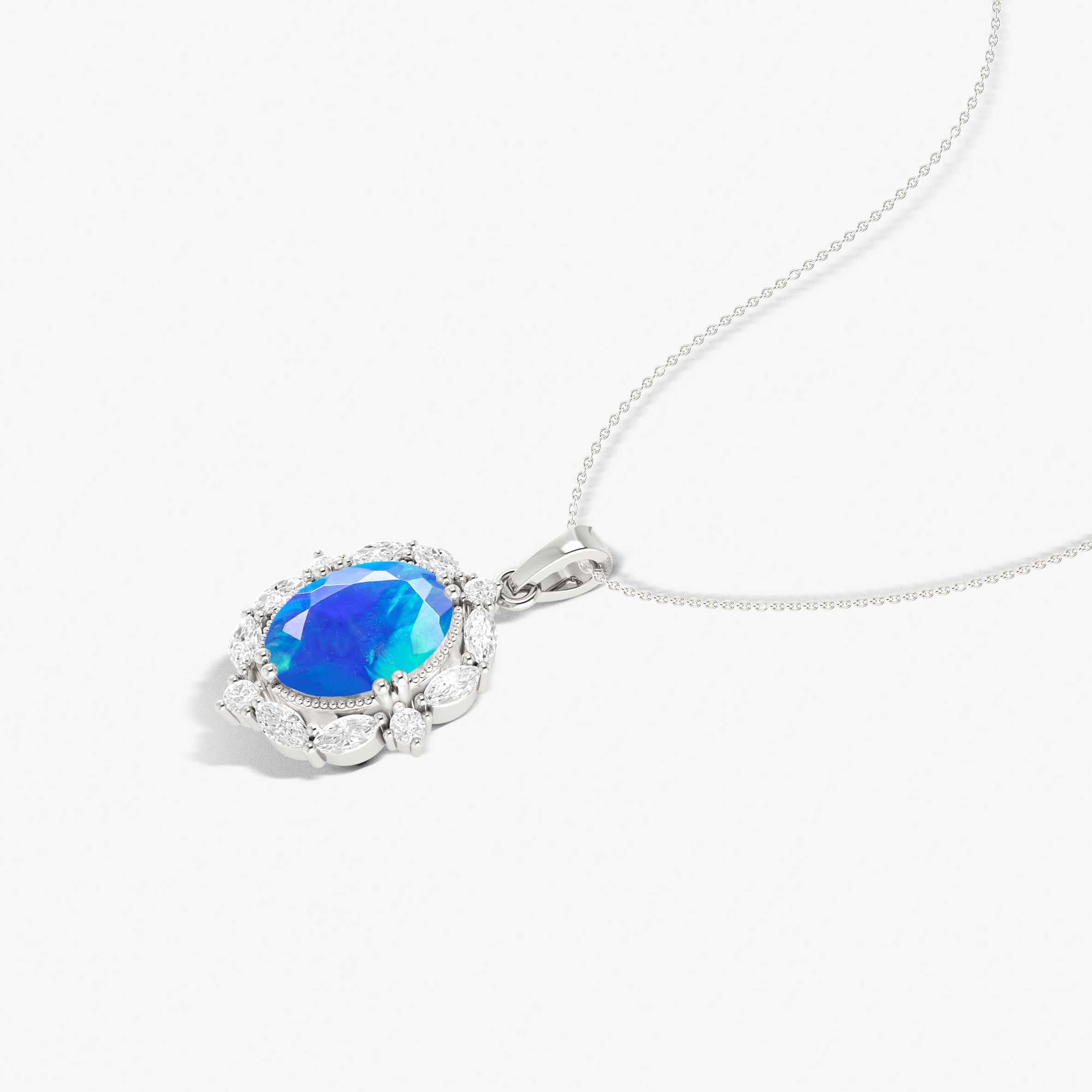 Halo Pendant Chain Necklace with Natural Blue Opal Gemstone