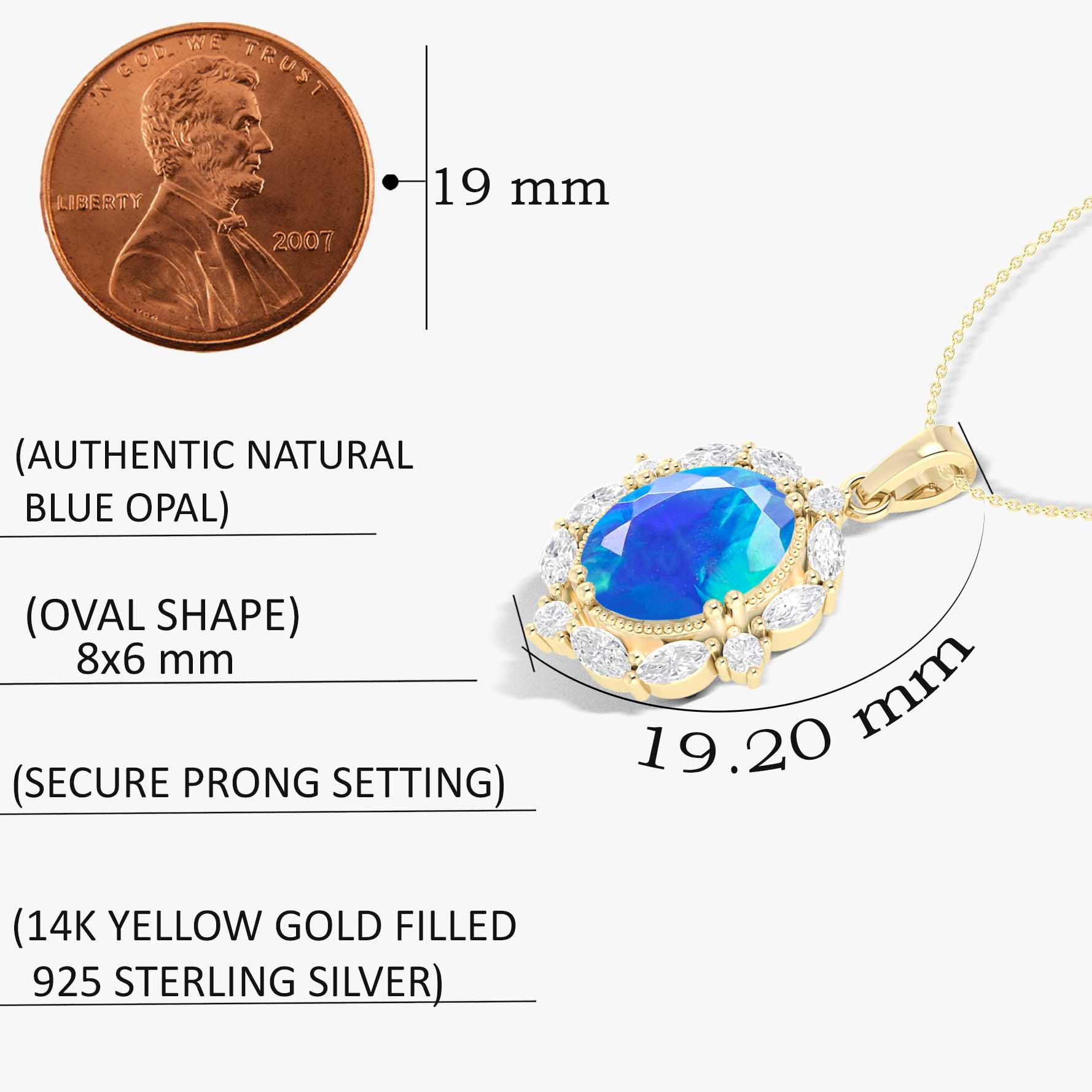 Halo Pendant Chain Necklace with Natural Blue Opal Gemstone