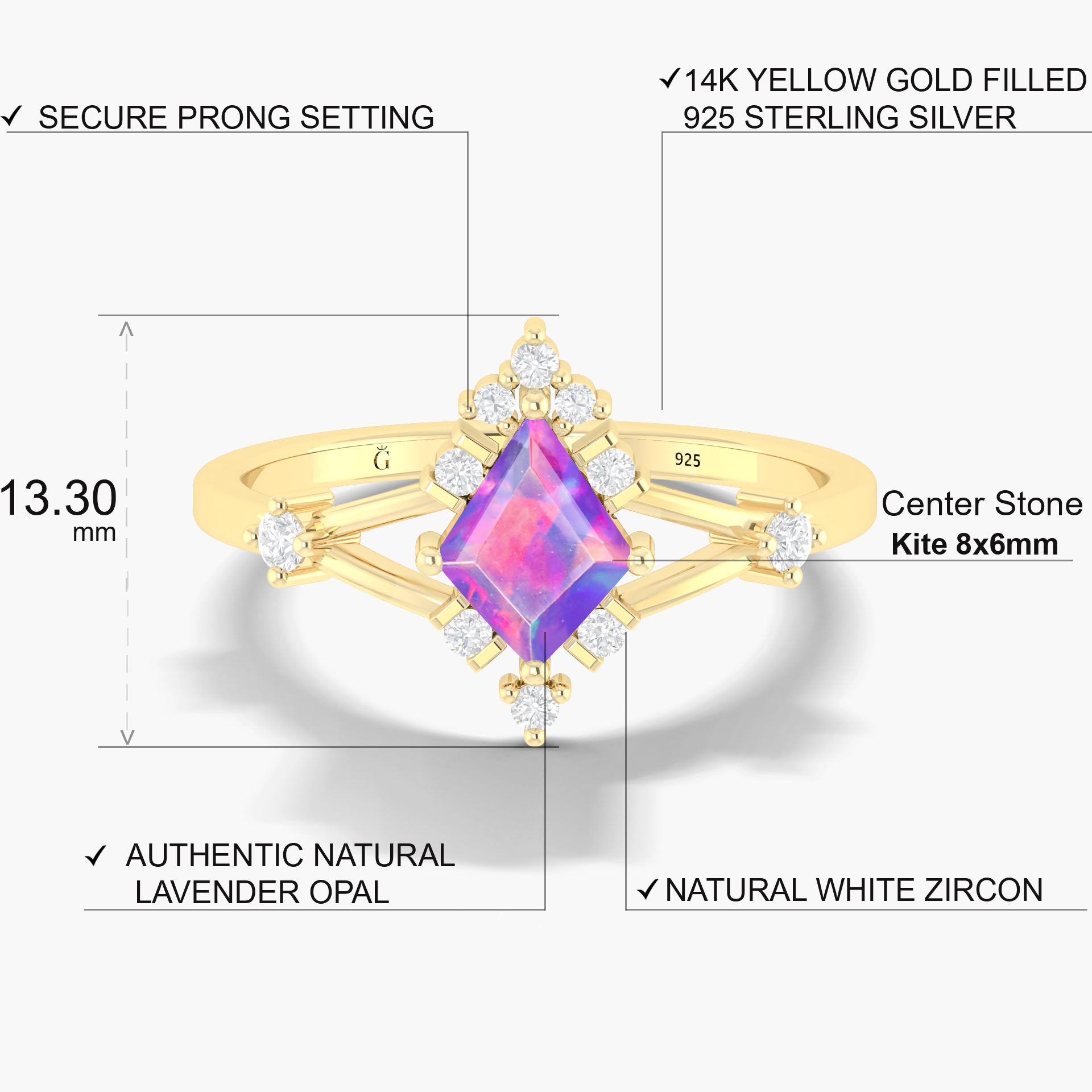 Kite Shape Natural Lavender Opal with White Zircon Designer Wedding Ring
