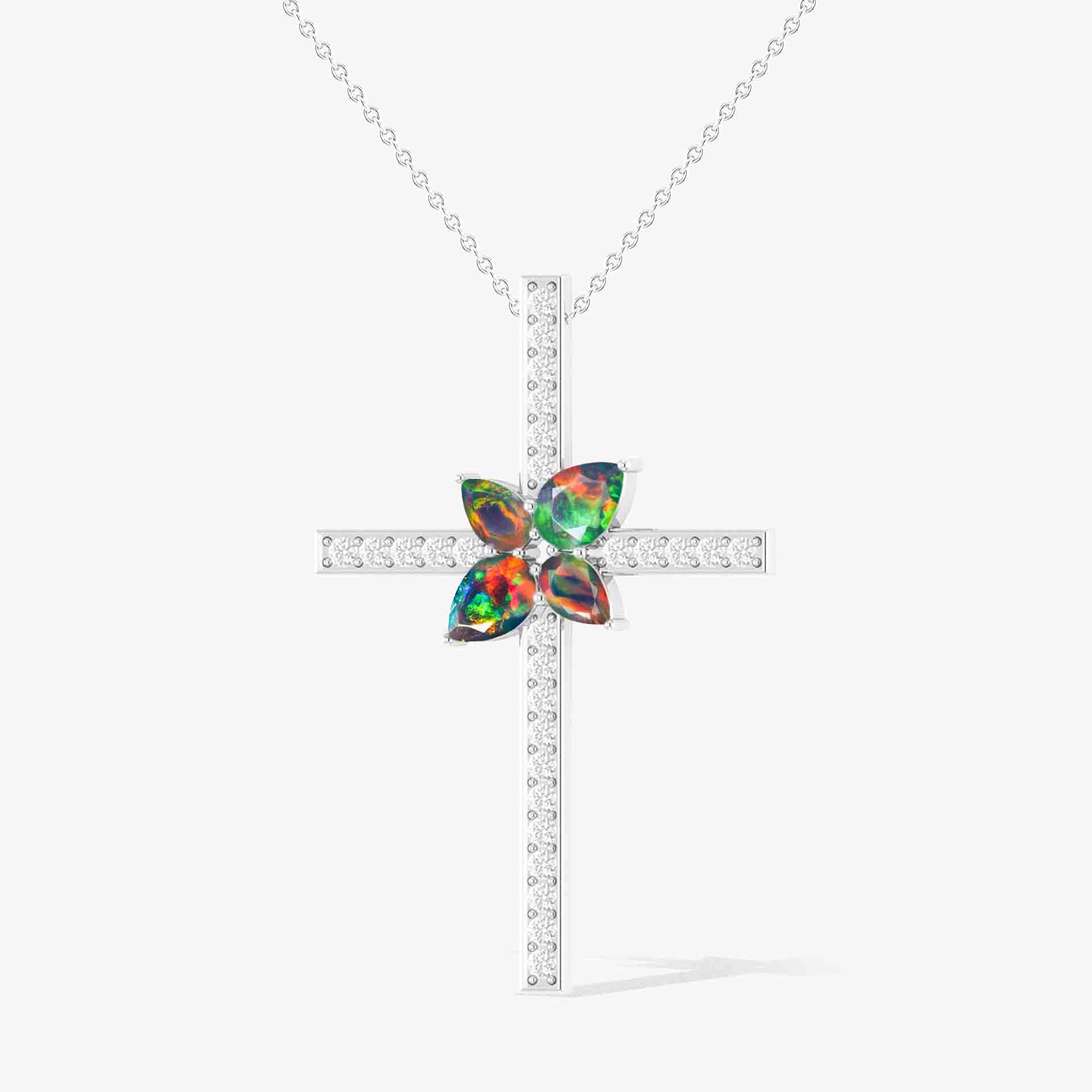 Cross Style Chain Pendant Necklace Natural Black Opal