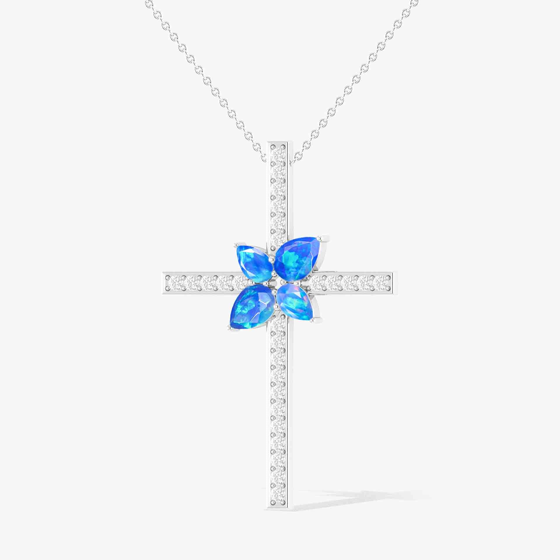 Cross Style Chain Pendant Necklace Natural Blue Opal