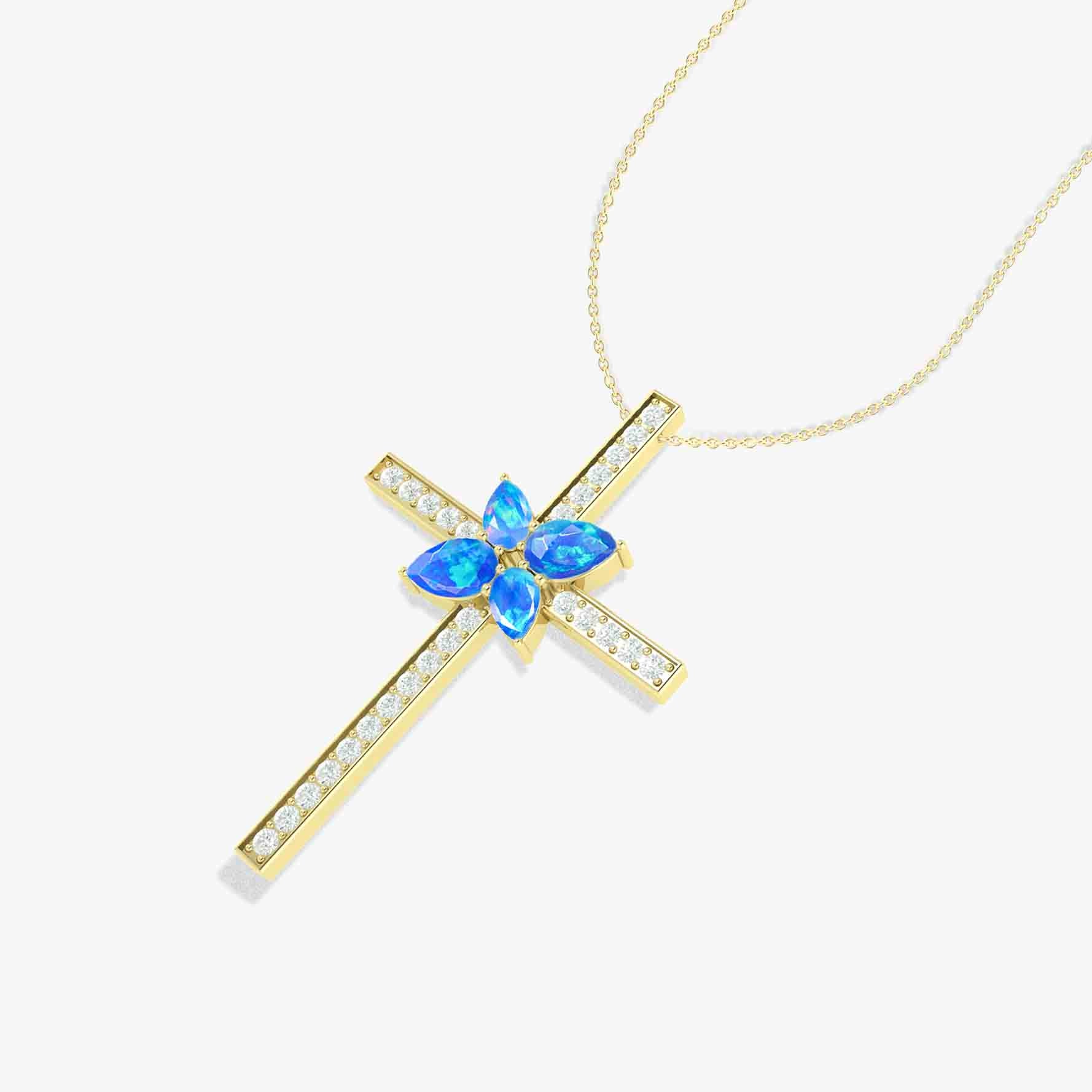 Cross Style Chain Pendant Necklace Natural Blue Opal