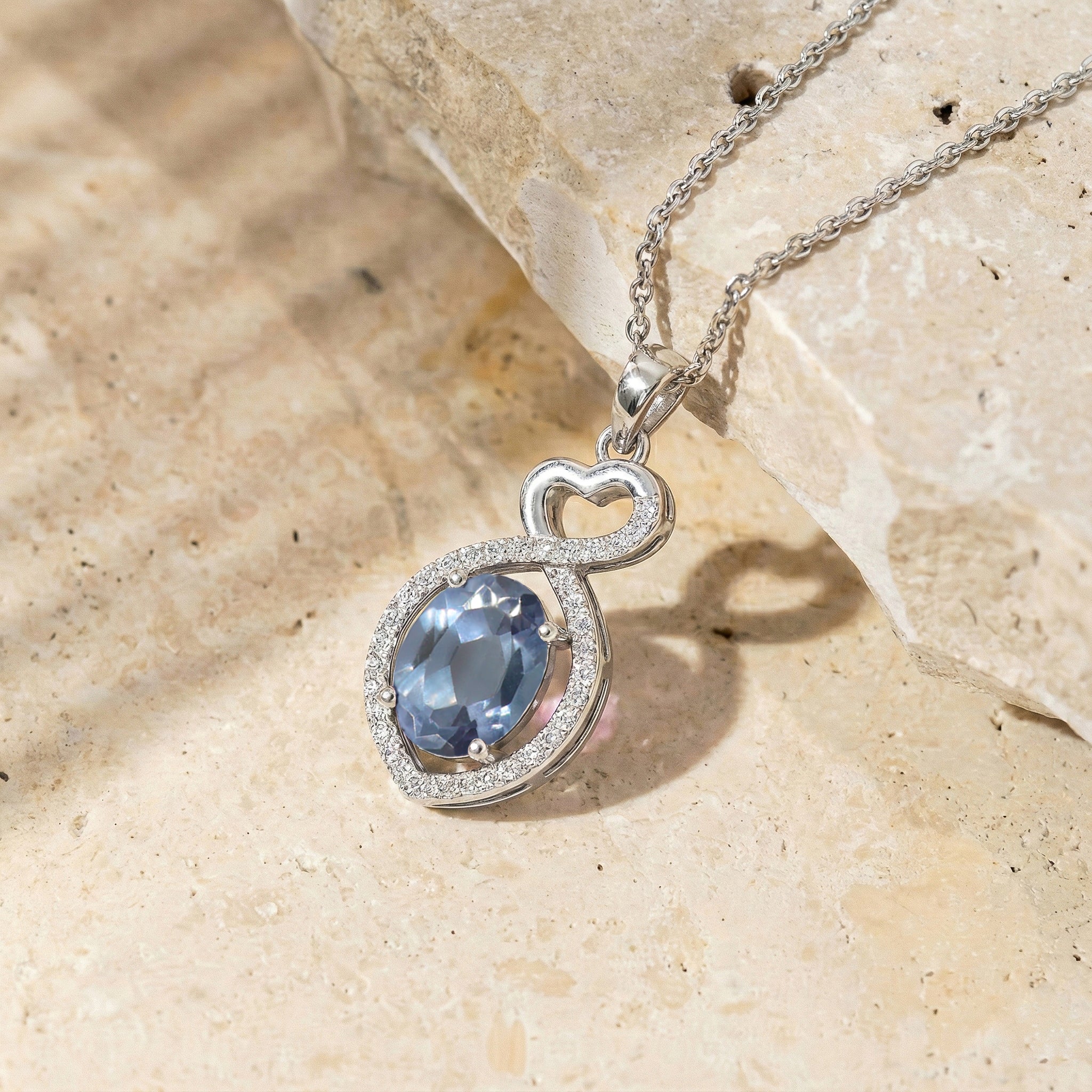 Alexandrite Oval Infinity Twist Heart Pendant Necklace in 925 Sterling Silver 1.2ct