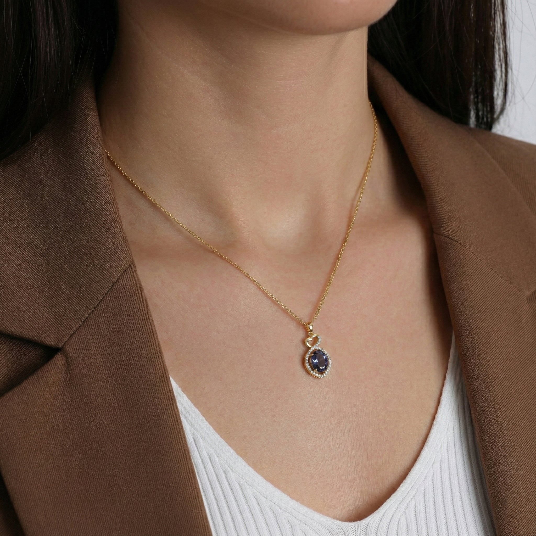 Alexandrite Oval Infinity Twist Heart Pendant Necklace in Yellow Gold Plated 1.2ct