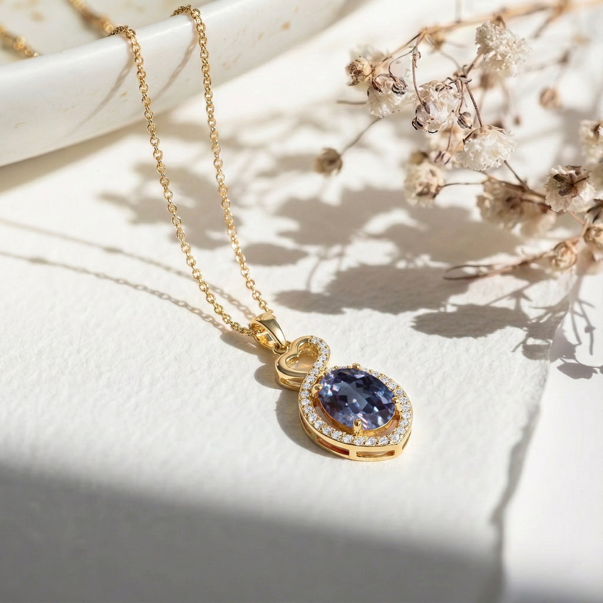 Alexandrite Oval Infinity Twist Heart Pendant Necklace in Yellow Gold Plated 1.2ct