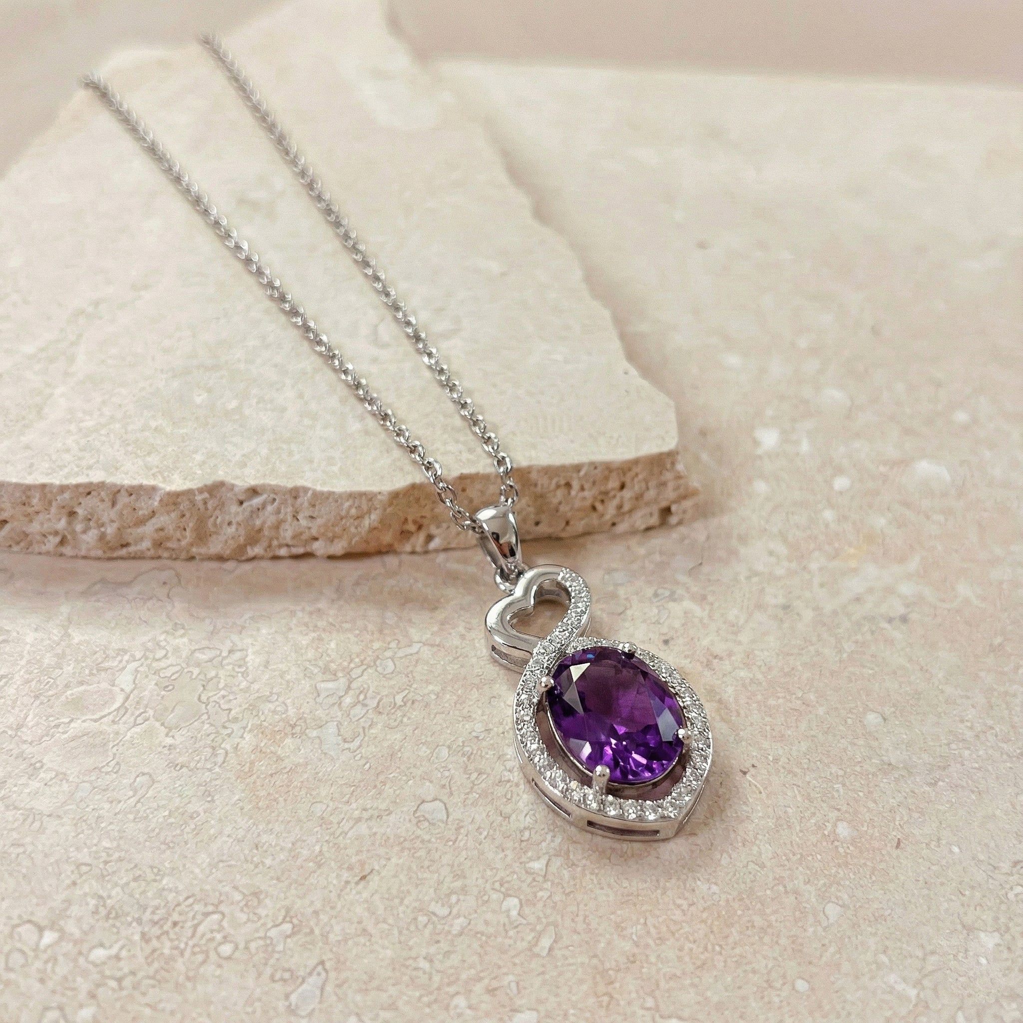 Natural Amethyst Oval Infinity Twist Heart Pendant Necklace in 925 Sterling Silver 1.2ct