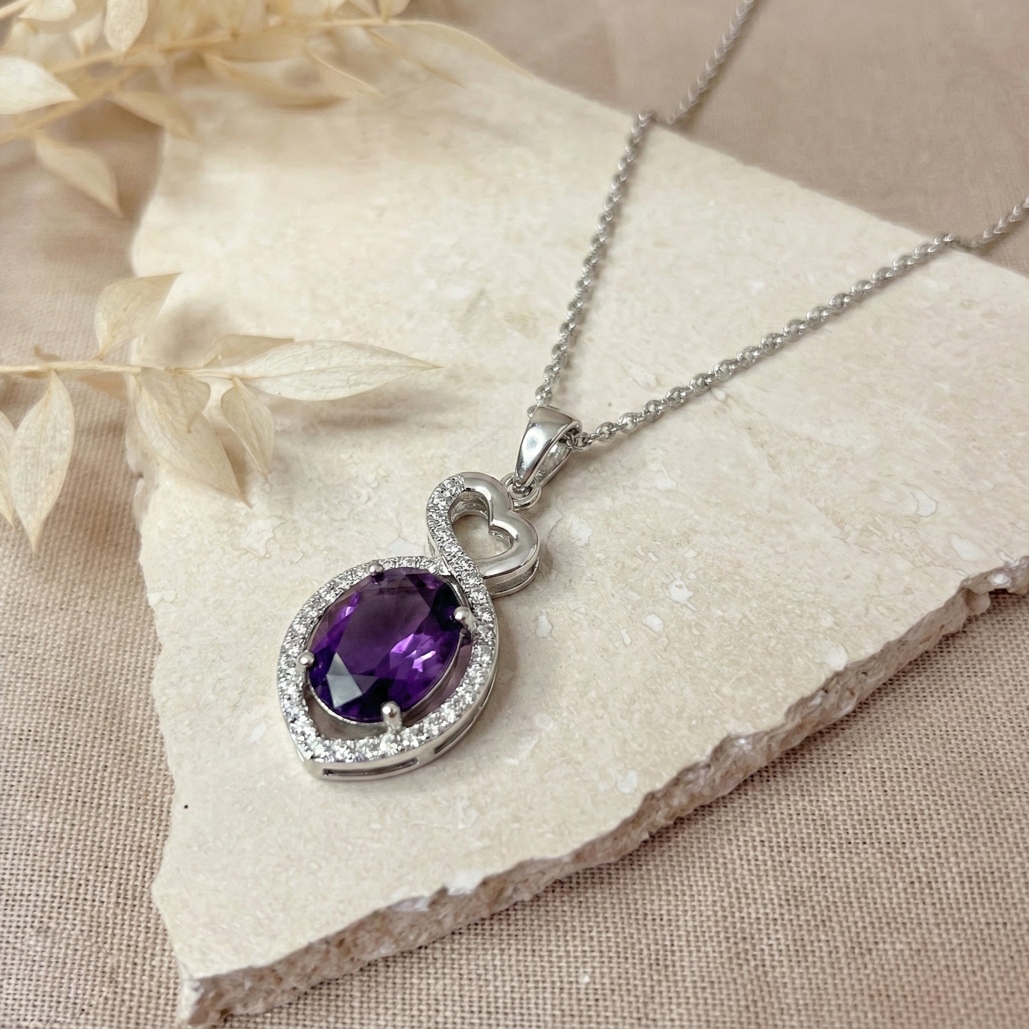 Natural Amethyst Oval Infinity Twist Heart Pendant Necklace in 925 Sterling Silver 1.2ct