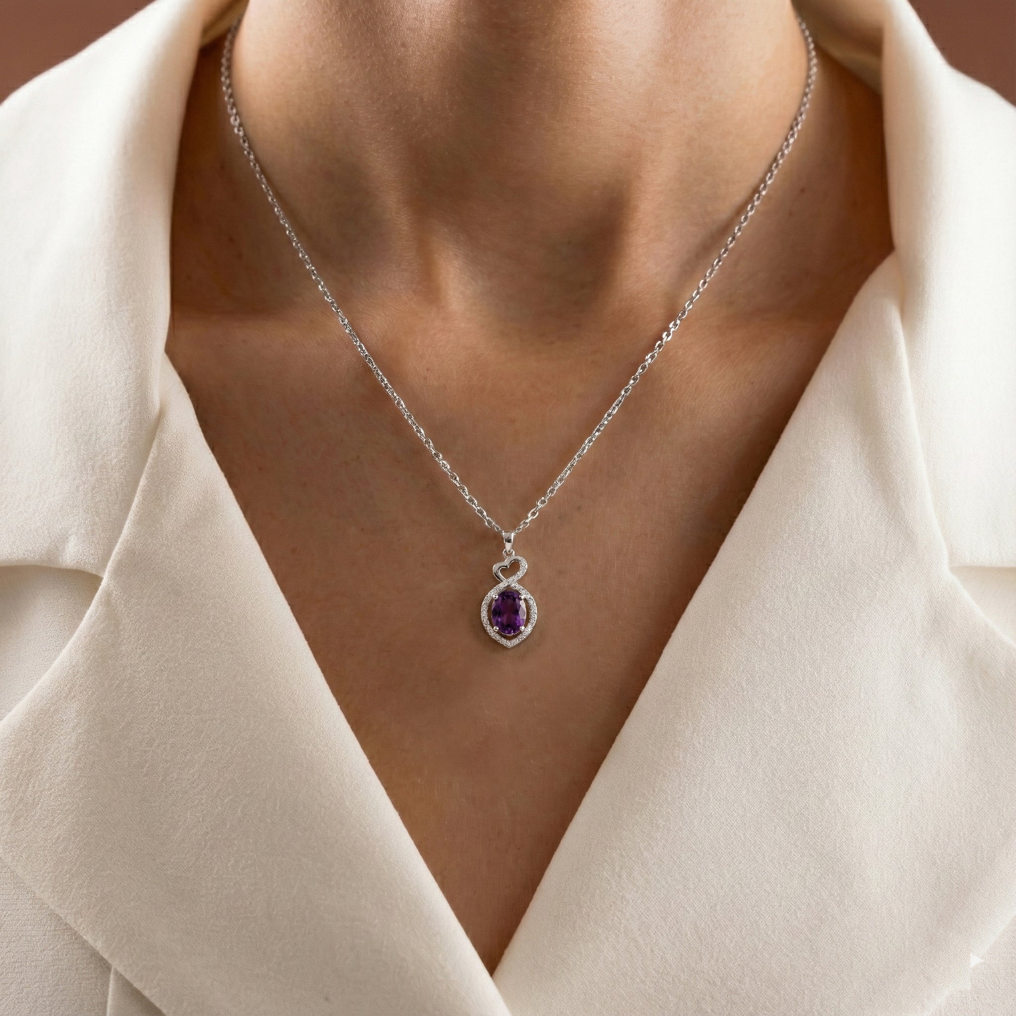 Natural Amethyst Oval Infinity Twist Heart Pendant Necklace in 925 Sterling Silver 1.2ct