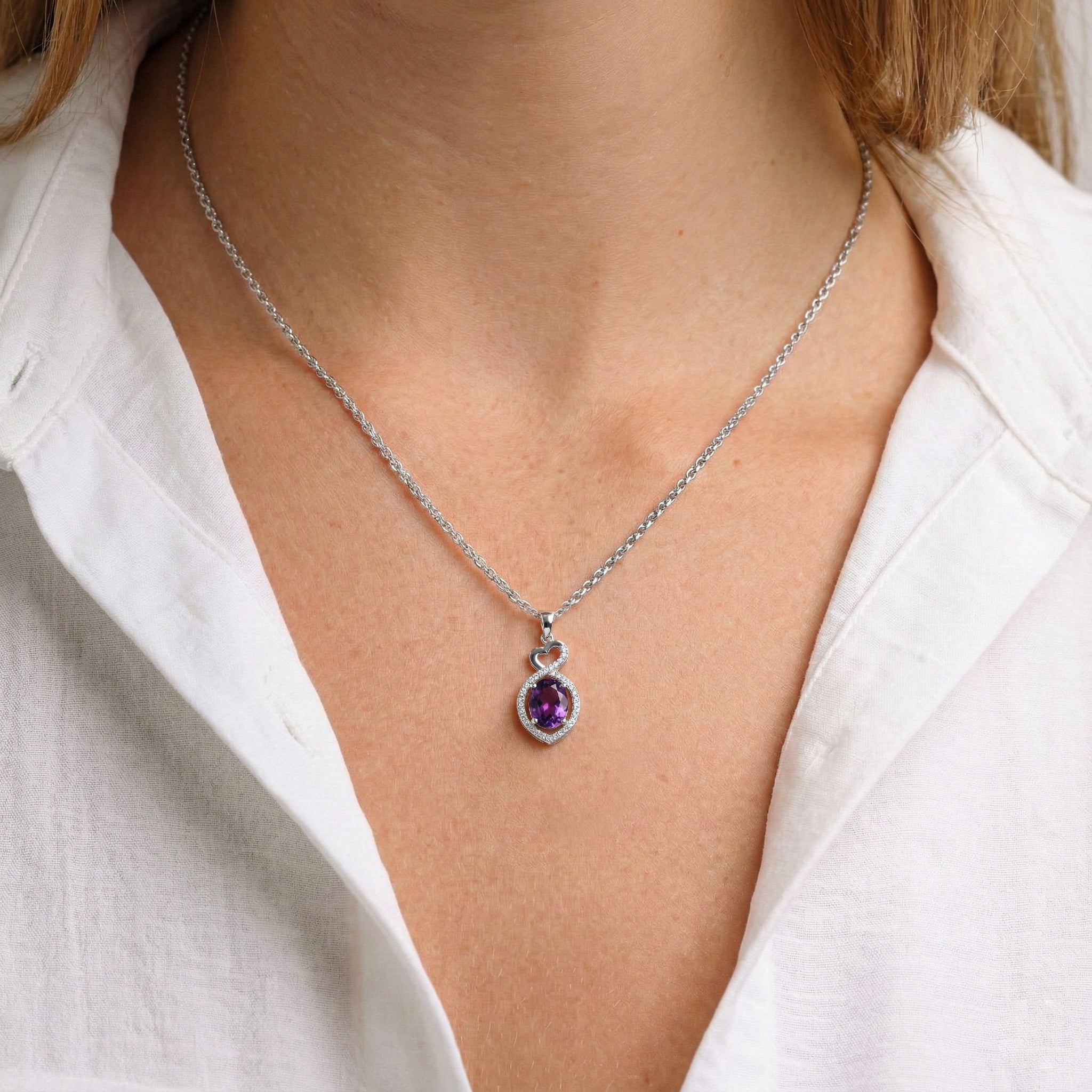 Natural Amethyst Oval Infinity Twist Heart Pendant Necklace in 925 Sterling Silver 1.2ct