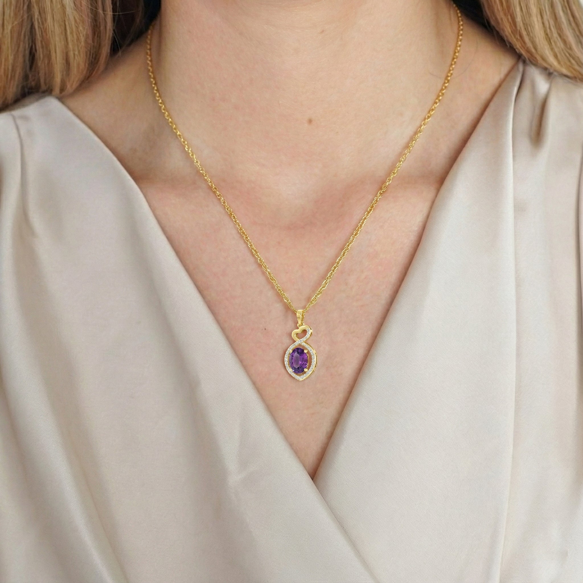 Natural Amethyst Oval Infinity Twist Heart Pendant Necklace in 925 Sterling Silver 1.2ct