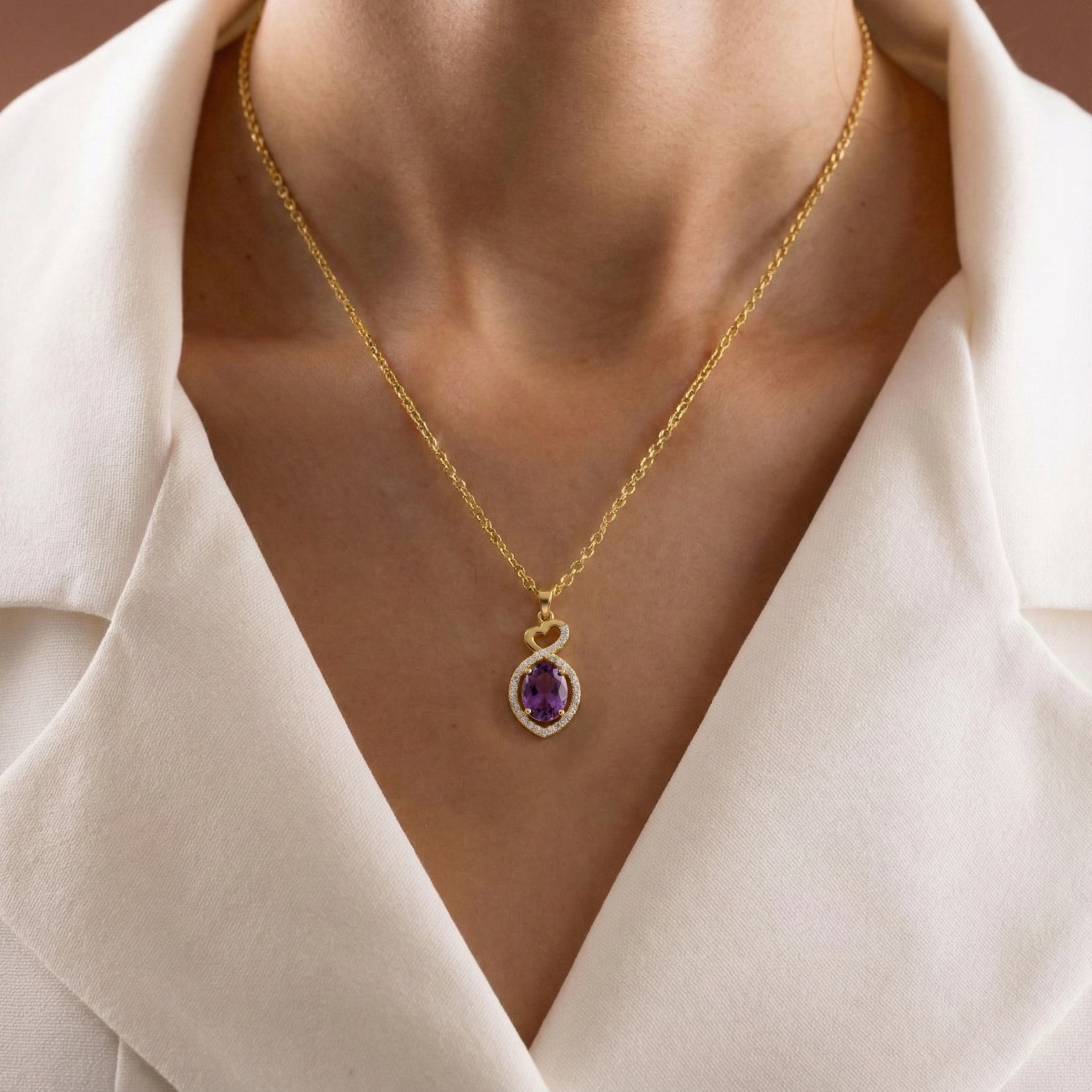 Natural Amethyst Oval Infinity Twist Heart Pendant Necklace in 925 Sterling Silver 1.2ct