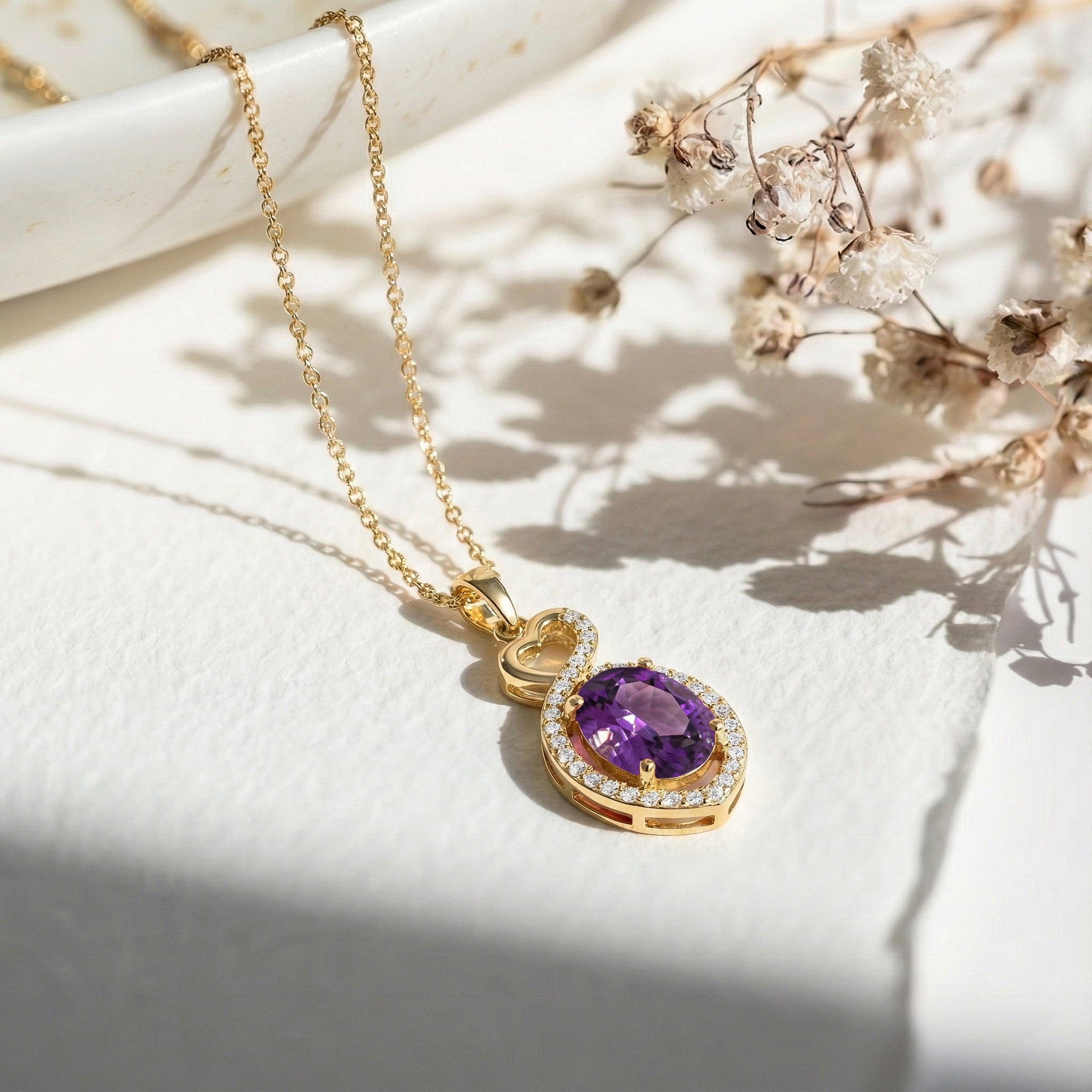 Amethyst Oval Infinity Twist Heart Pendant Necklace in Yellow Gold Plated 1.2ct