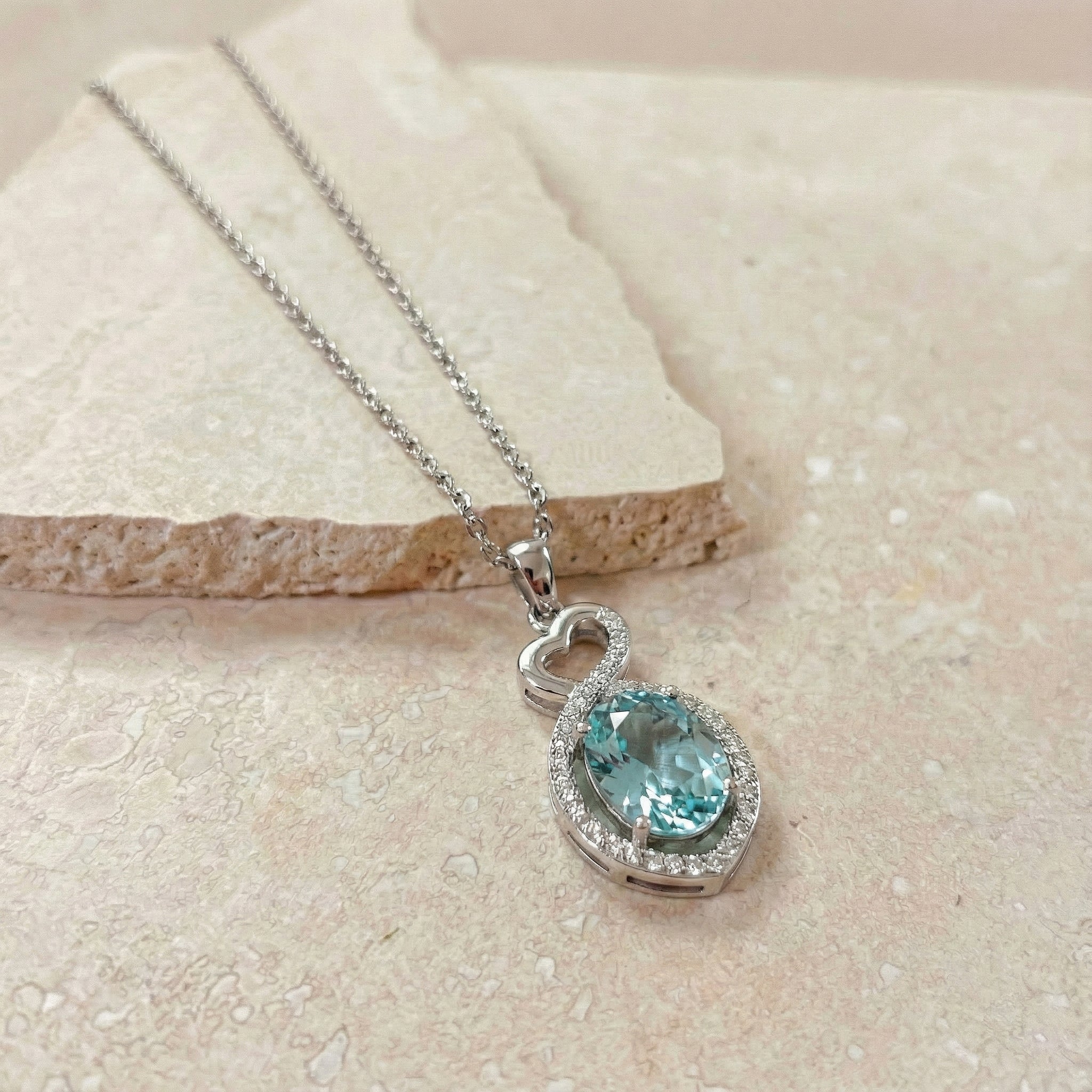 Aquamarine Oval Infinity Twist Heart Pendant Necklace in 925 Sterling Silver 1.2ct