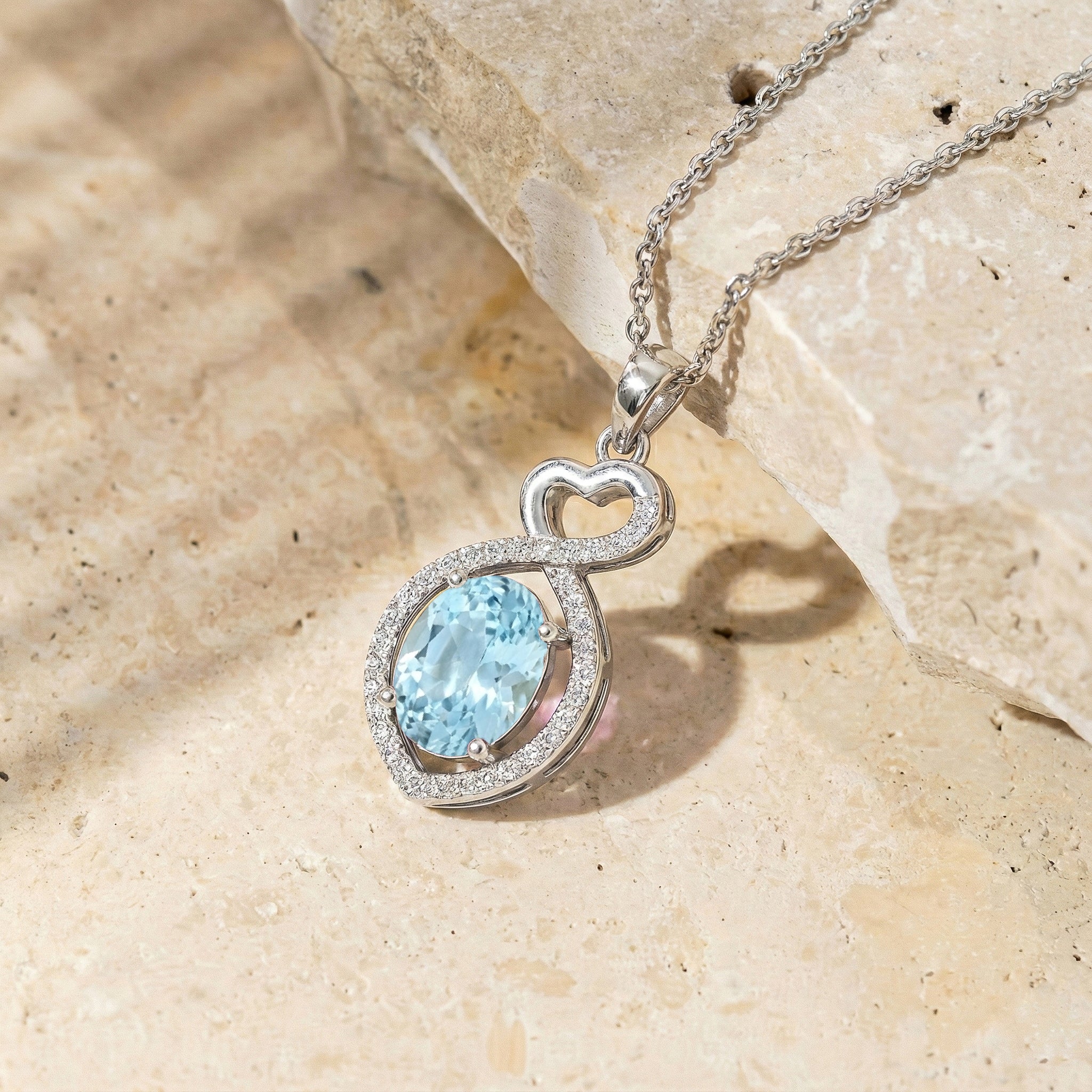 Aquamarine Oval Infinity Twist Heart Pendant Necklace in 925 Sterling Silver 1.2ct