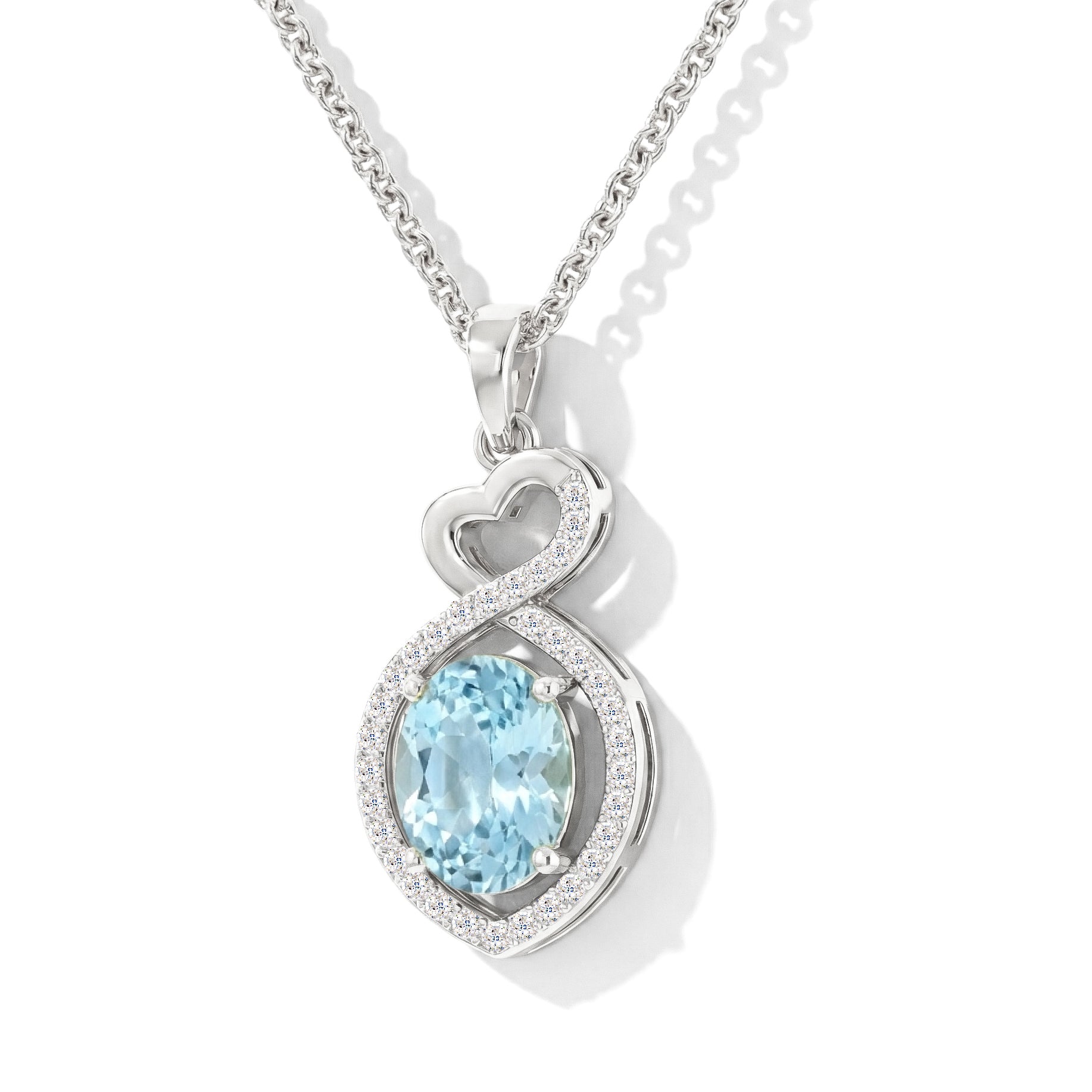 Aquamarine Oval Infinity Twist Heart Pendant Necklace in 925 Sterling Silver 1.2ct