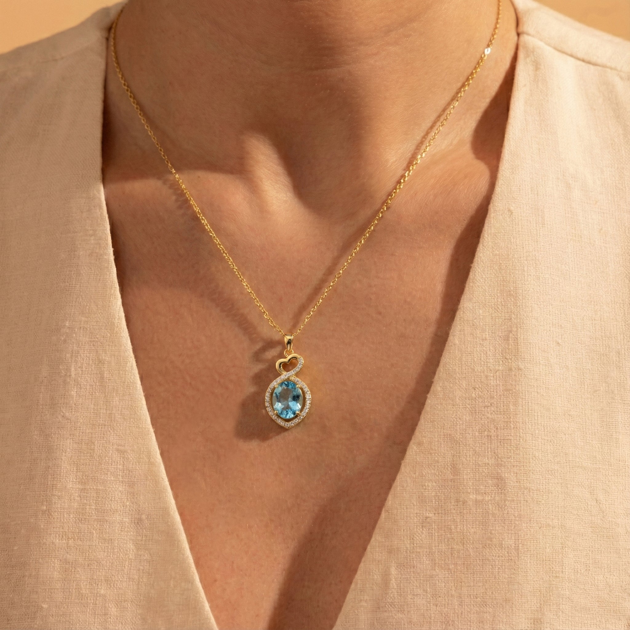 Aquamarine Oval Infinity Twist Heart Pendant Necklace in 925 Sterling Silver 1.2ct