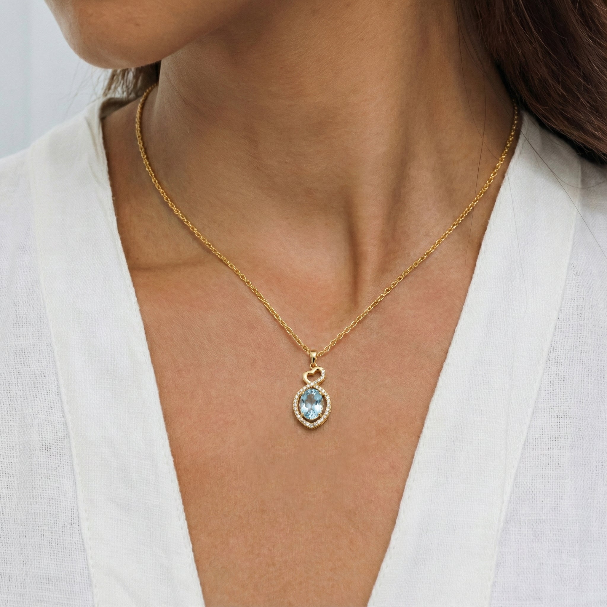 Aquamarine Oval Infinity Twist Heart Pendant Necklace in 925 Sterling Silver 1.2ct