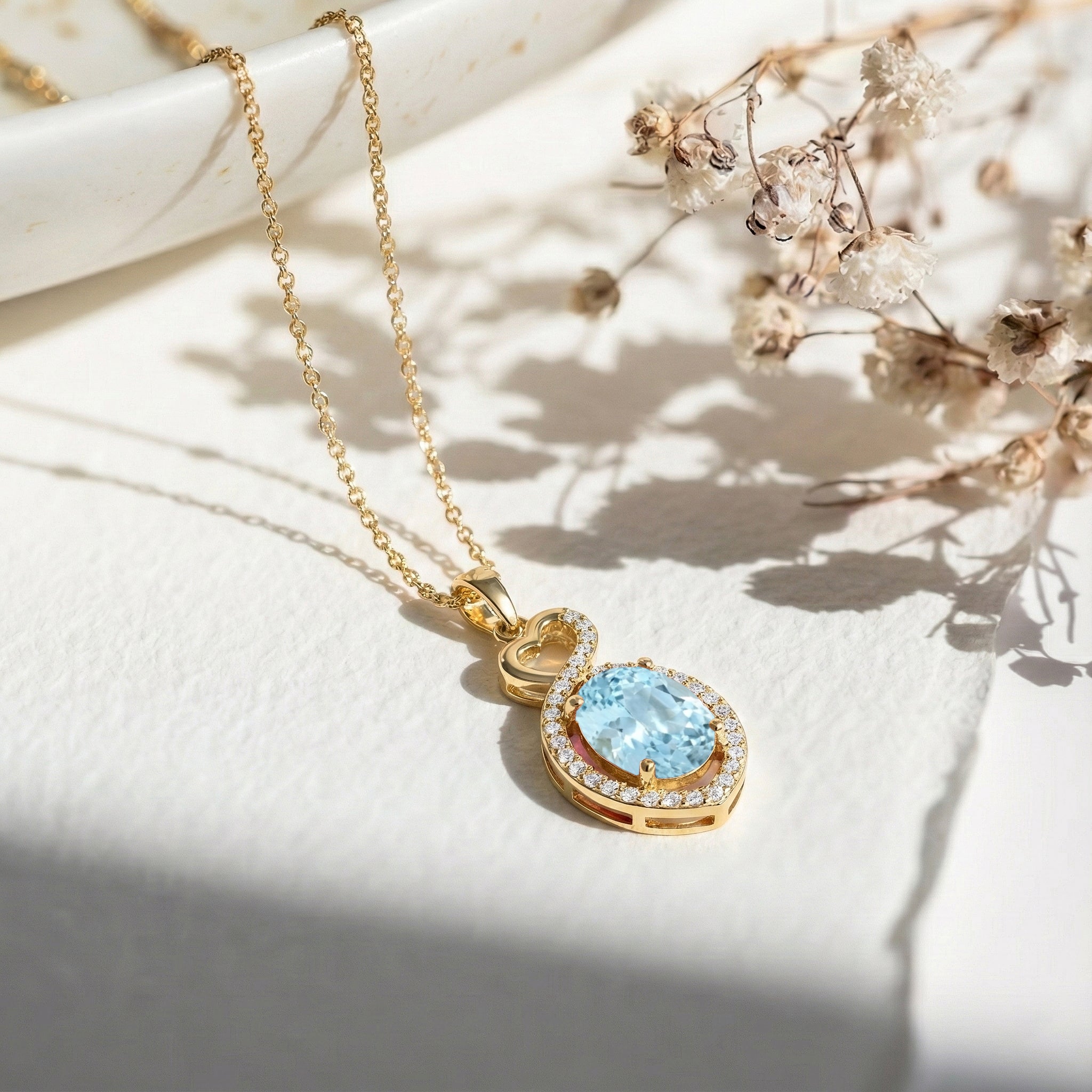 Aquamarine Oval Infinity Twist Heart Pendant Necklace in 925 Sterling Silver 1.2ct