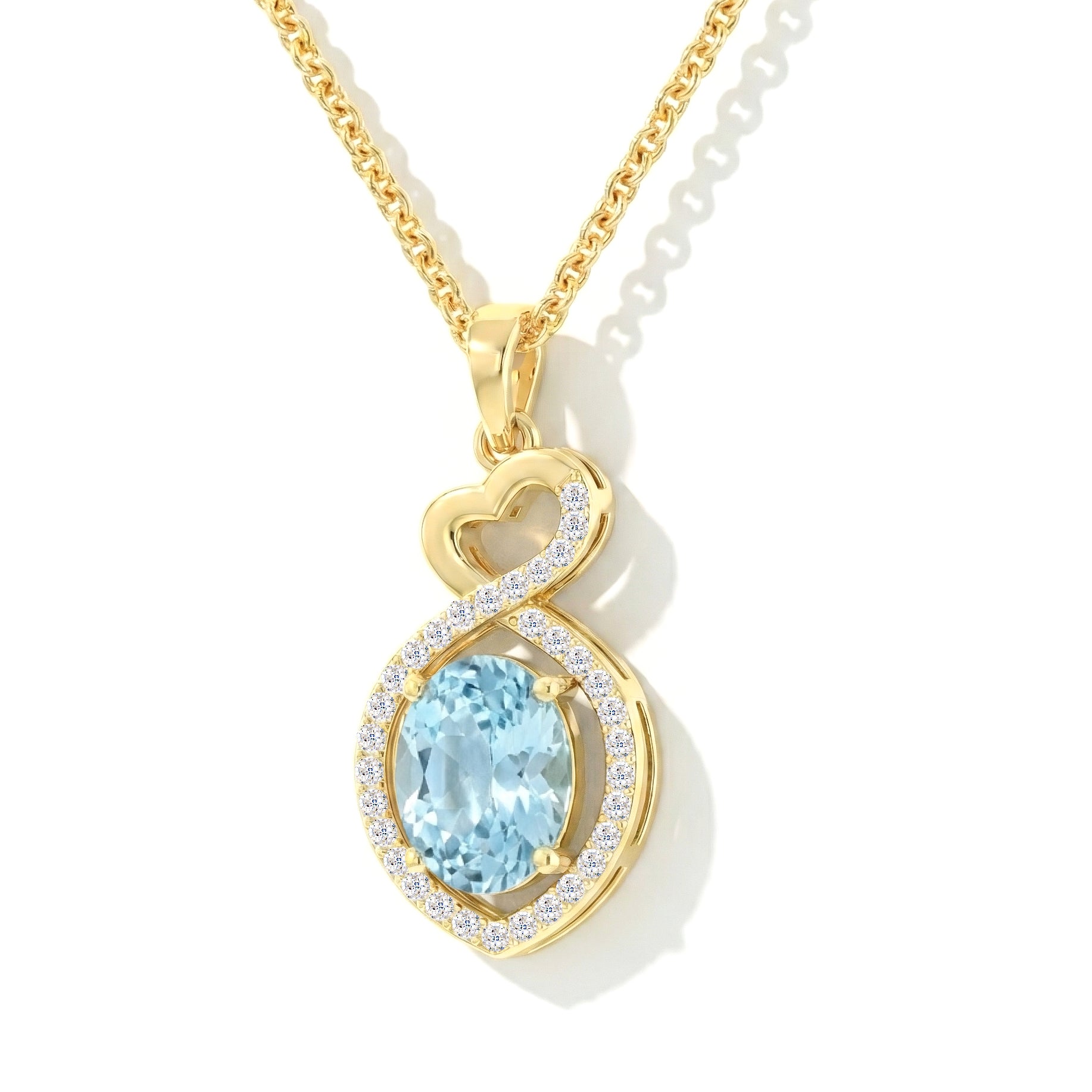 Aquamarine Oval Infinity Twist Heart Pendant Necklace in Yellow Gold Plated 1.2ct