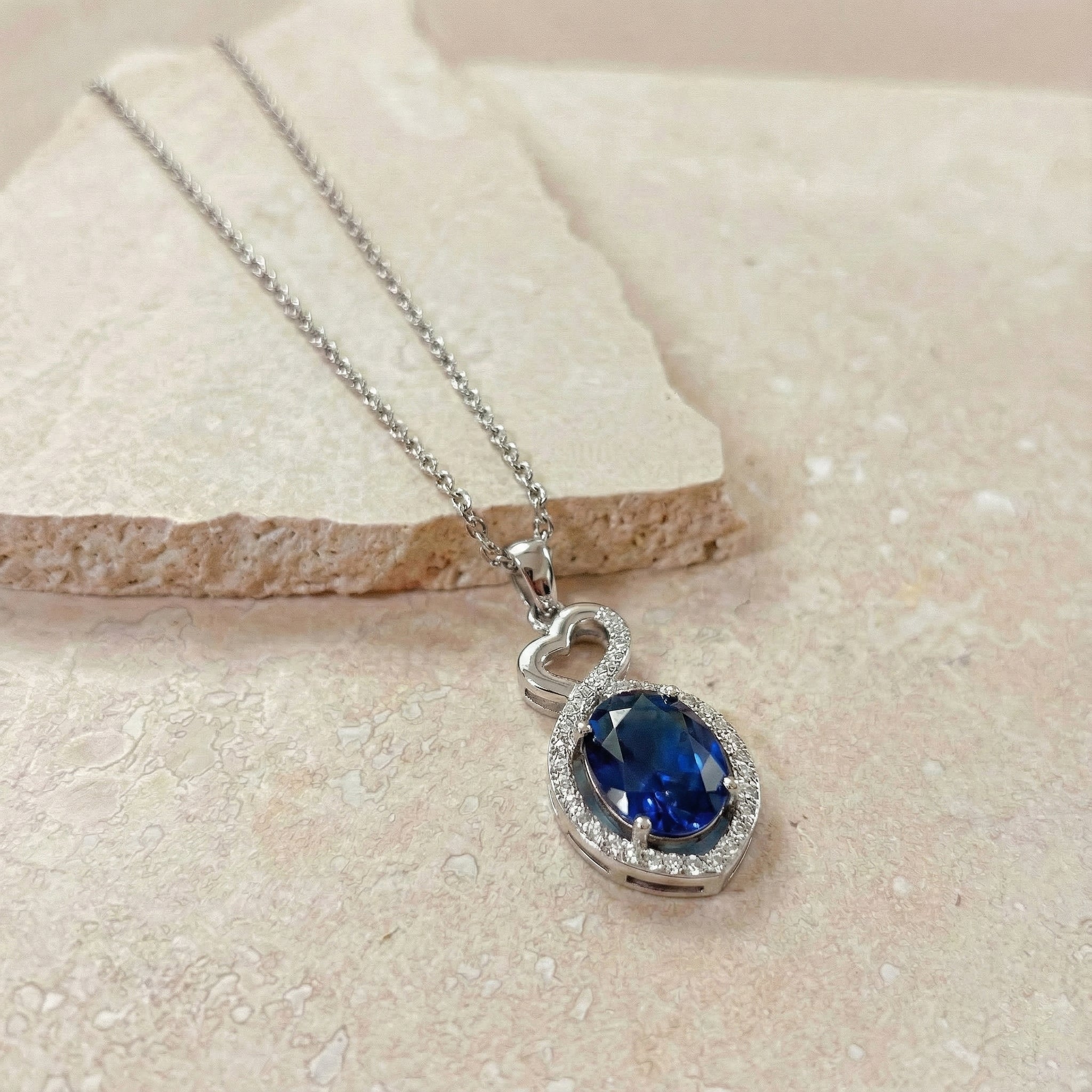 Blue Sapphire Oval Infinity Twist Heart Pendant Necklace in 925 Sterling Silver 1.2ct