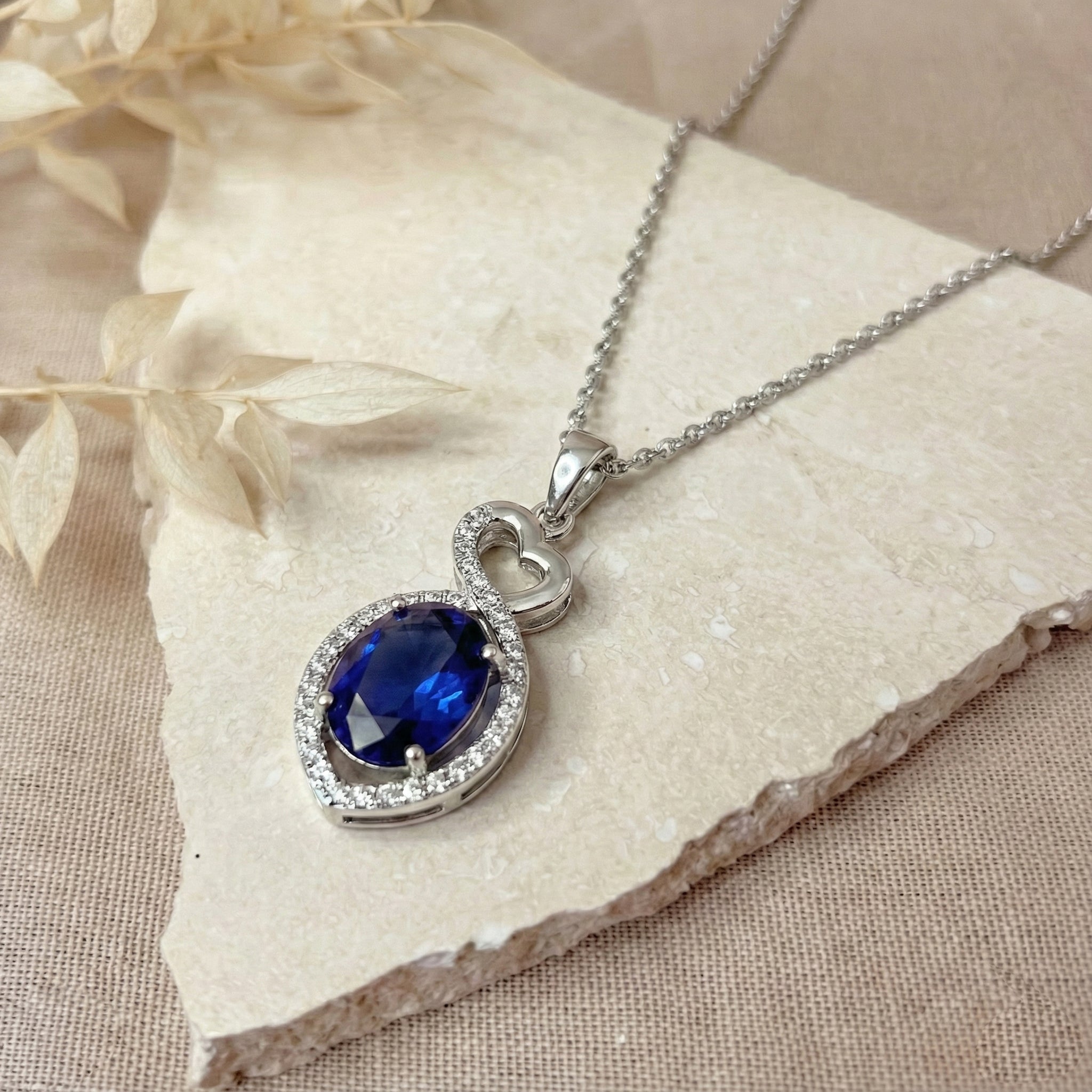 Blue Sapphire Oval Infinity Twist Heart Pendant Necklace in 925 Sterling Silver 1.2ct