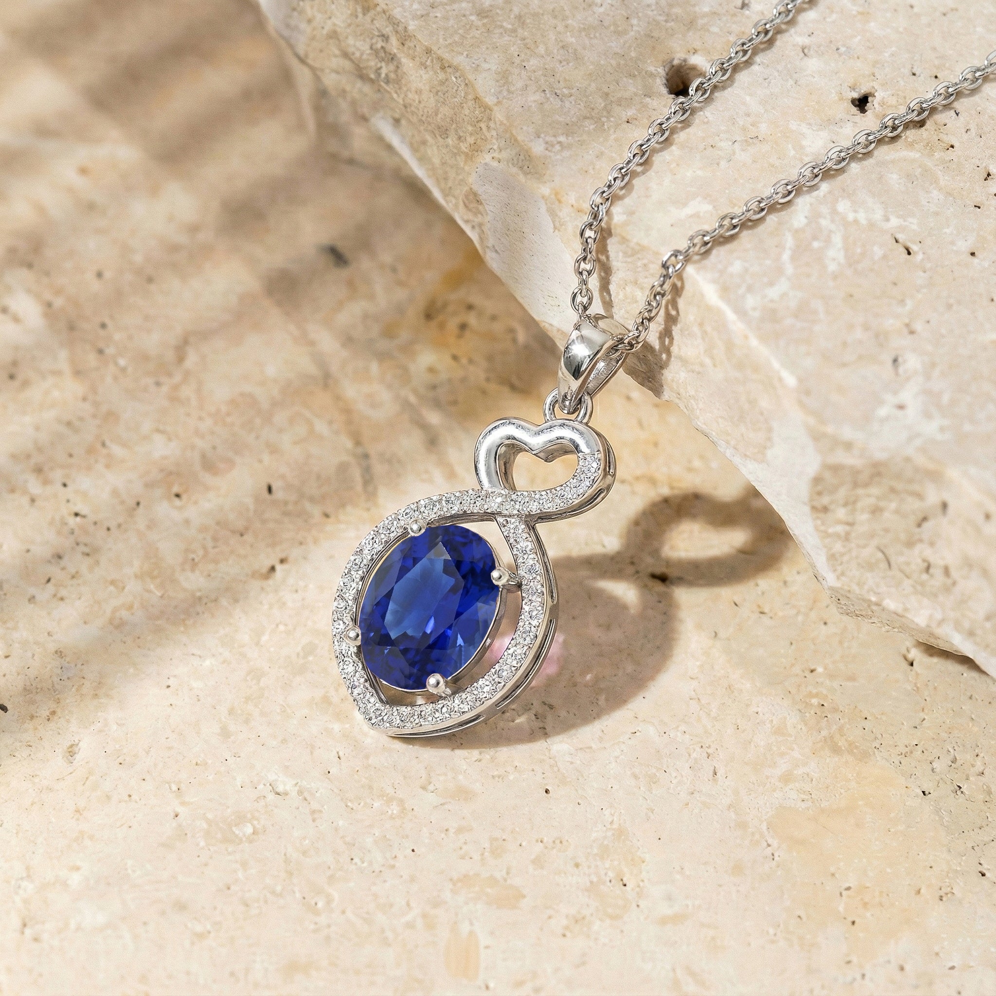 Blue Sapphire Oval Infinity Twist Heart Pendant Necklace in 925 Sterling Silver 1.2ct