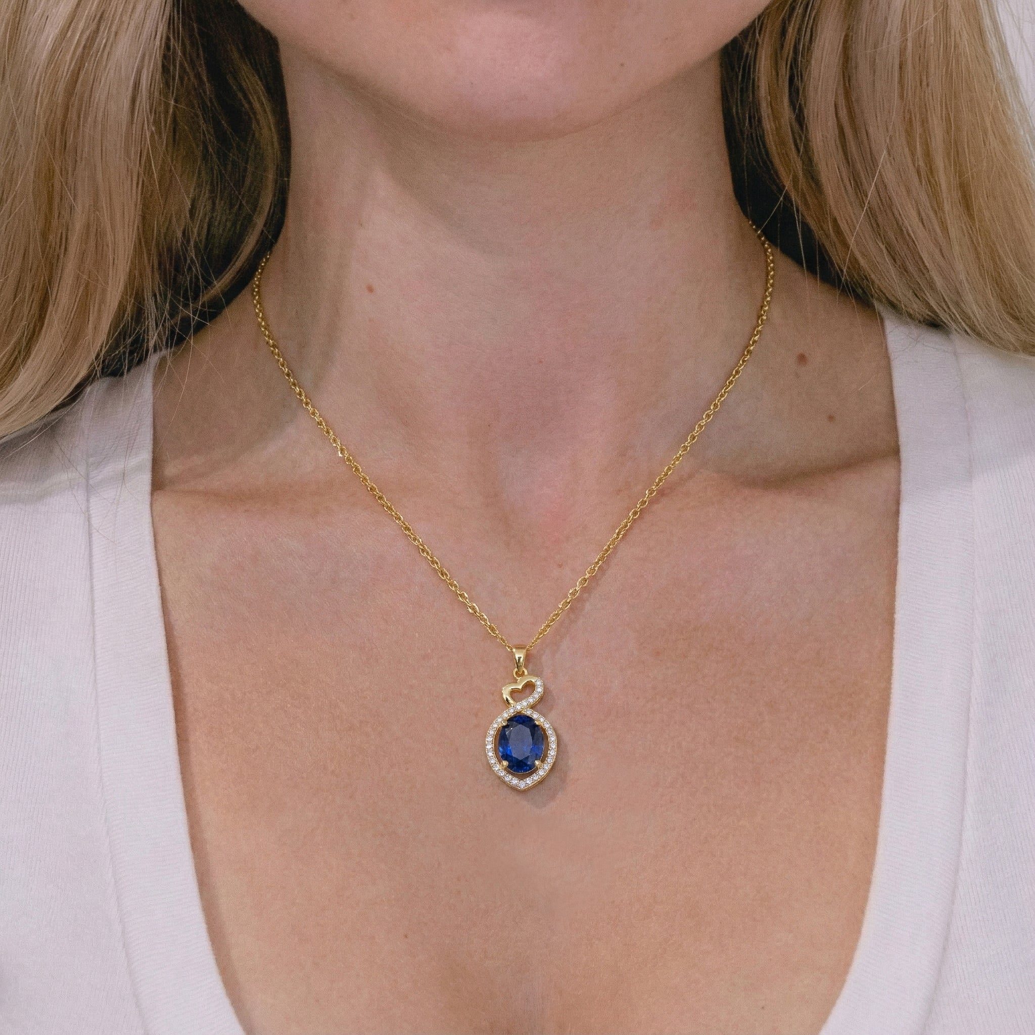 Blue Sapphire Oval Infinity Twist Heart Pendant Necklace in Yellow Gold Plated 1.2ct